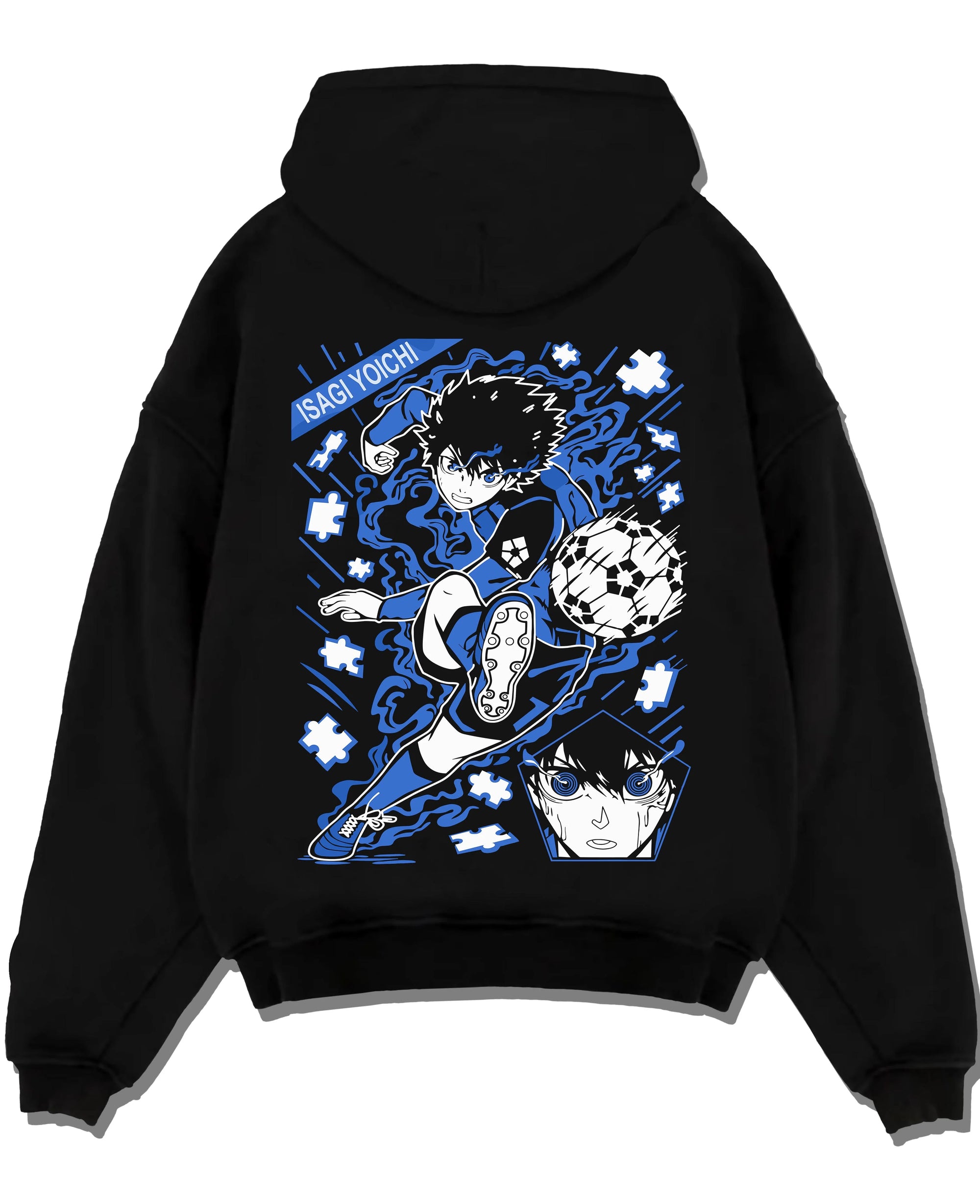 Black pullover hoodie laid flat with Blue Lock Hoodie Isagi Yoichi Goal Kick Jumper graphic premium wear.