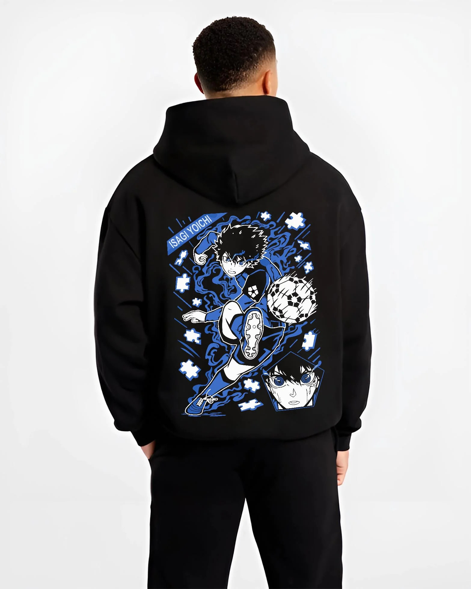 Black hoodie worn by male model, back view with Blue Lock Hoodie Isagi Yoichi Goal Kick Jumper graphic streetwear graphic.