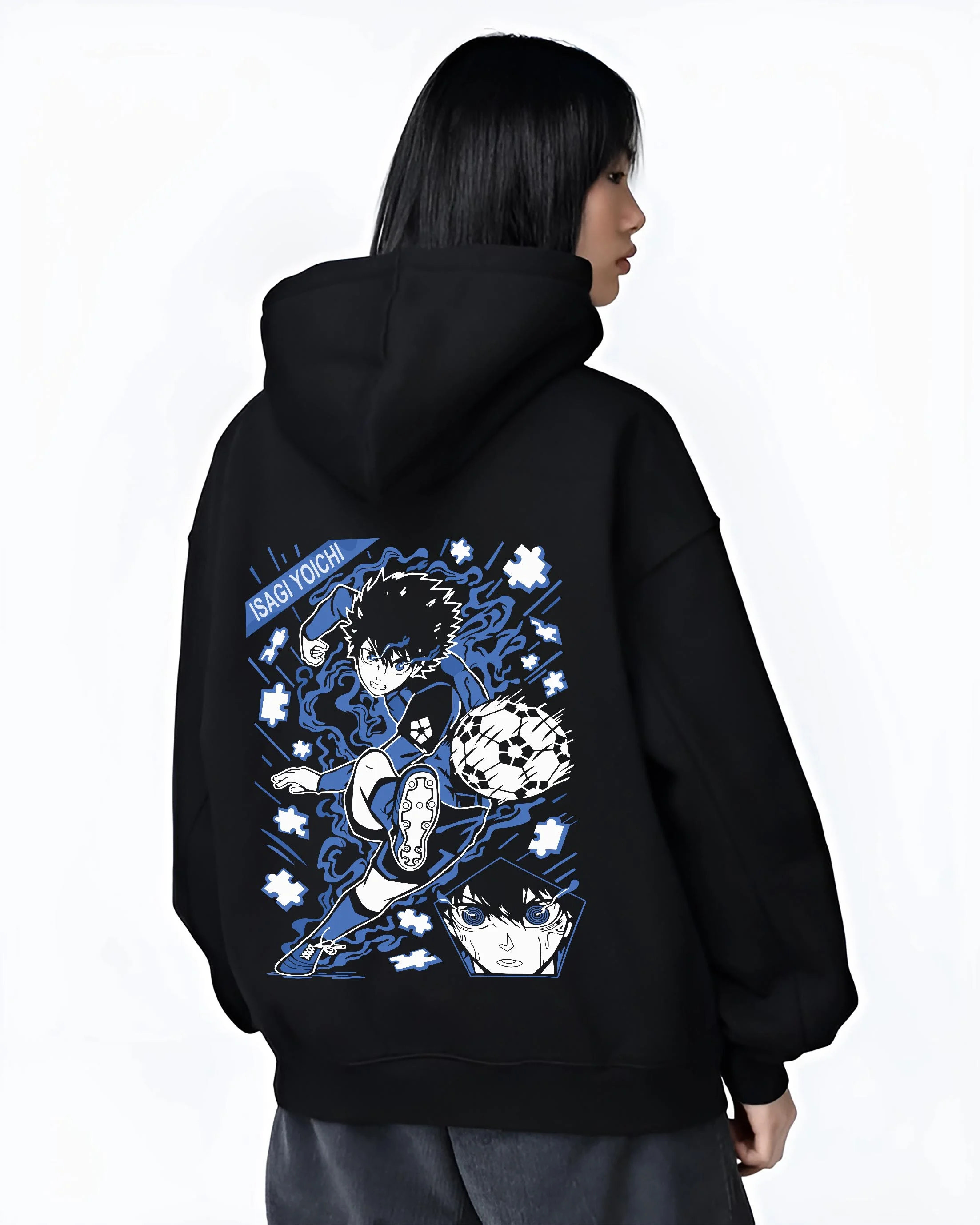 Black hoodie worn by female model, back view with Blue Lock Hoodie Isagi Yoichi Goal Kick Jumper graphic bold anime graphic.