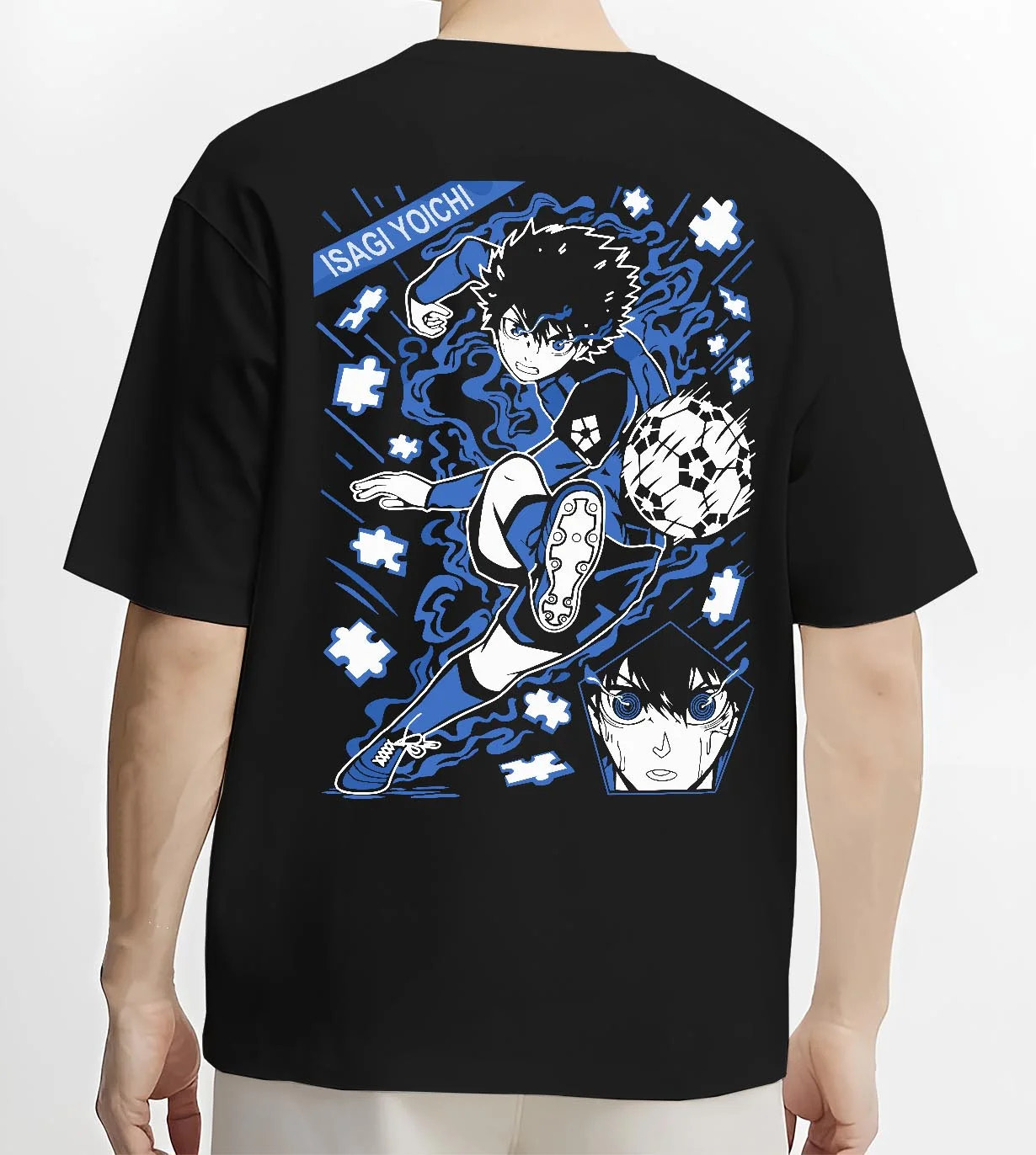 Black T-shirt worn by male model, back view with Blue Lock Hoodie Isagi Yoichi Goal Kick Jumper graphic premium wear.