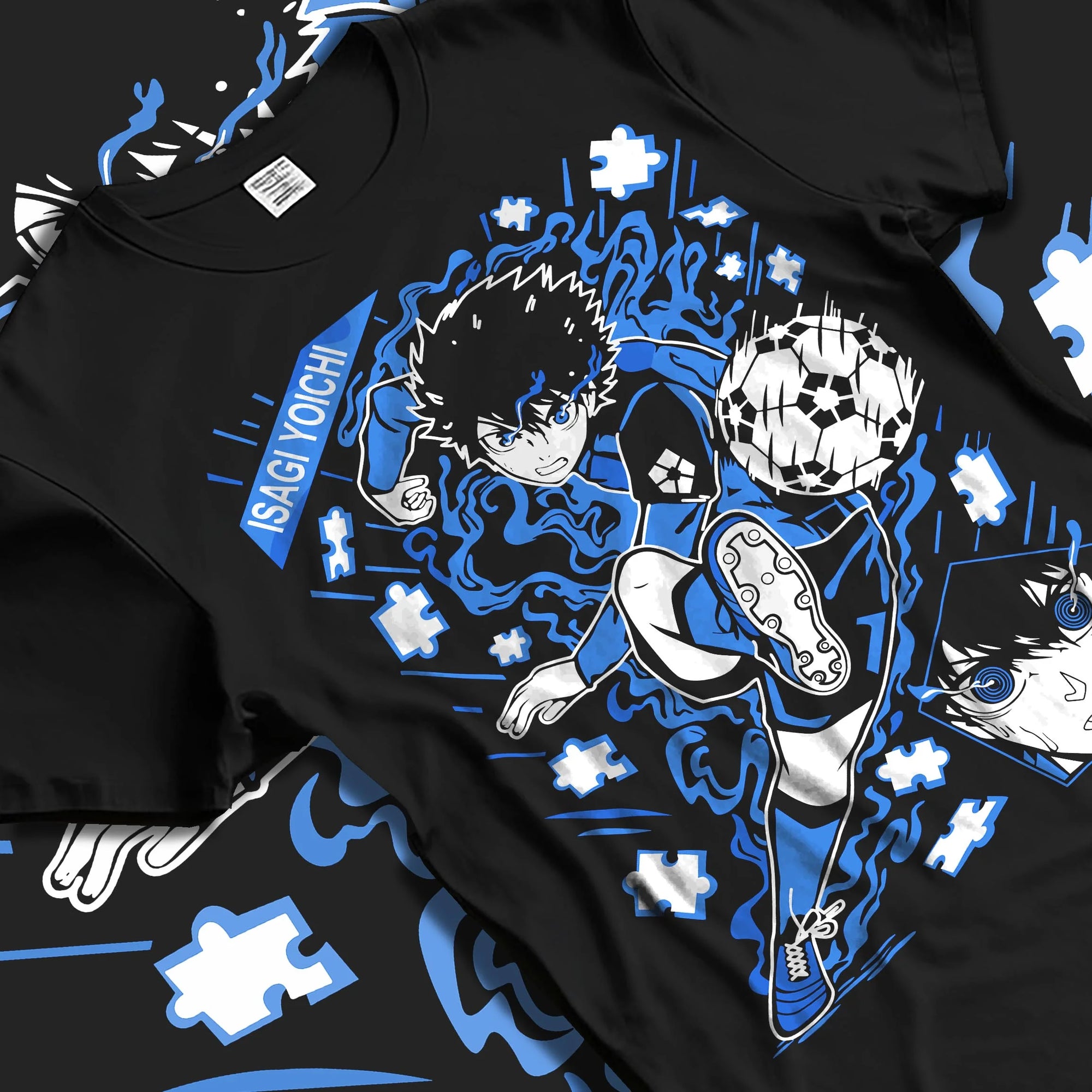 Black T-shirt laid flat with natural folds with Blue Lock Hoodie Isagi Yoichi Goal Kick Jumper graphic premium wear.
