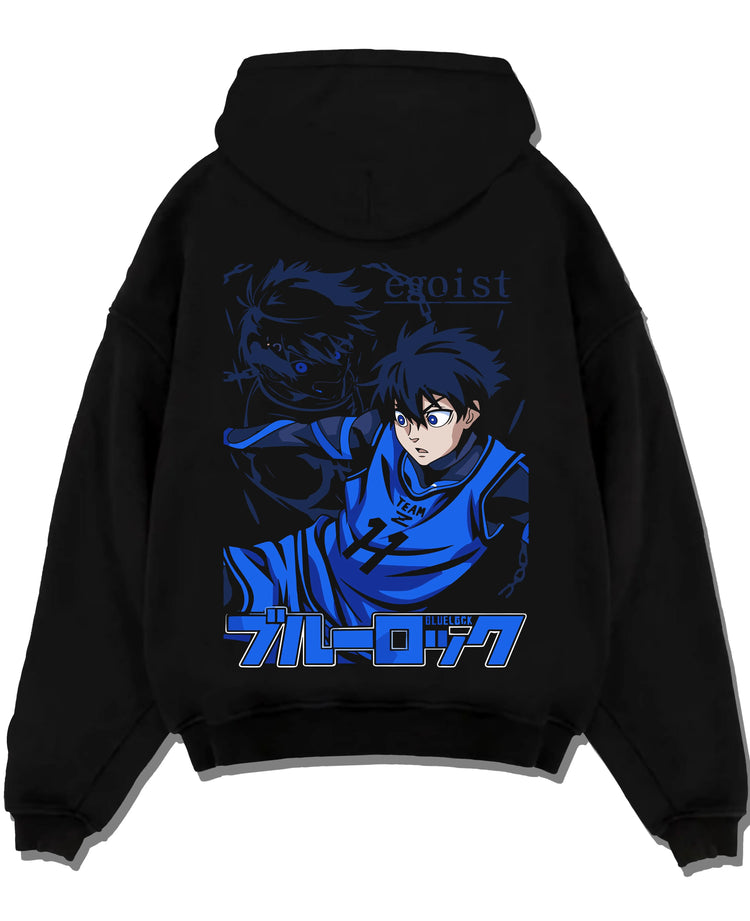 Black pullover hoodie laid flat with Blue Lock Hoodie Isagi Yoichi Power Shot Jumper graphic premium wear.