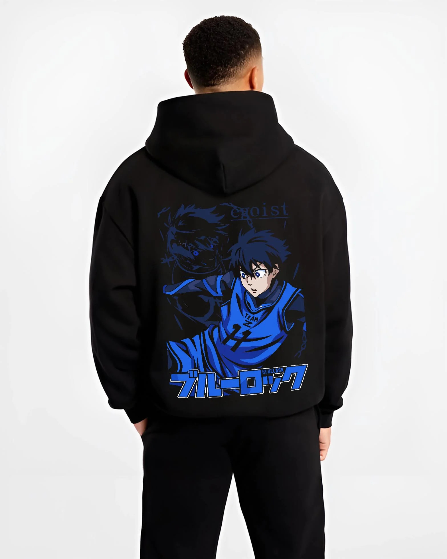 Black hoodie worn by male model, back view with Blue Lock Hoodie Isagi Yoichi Power Shot Jumper graphic bold anime graphic.