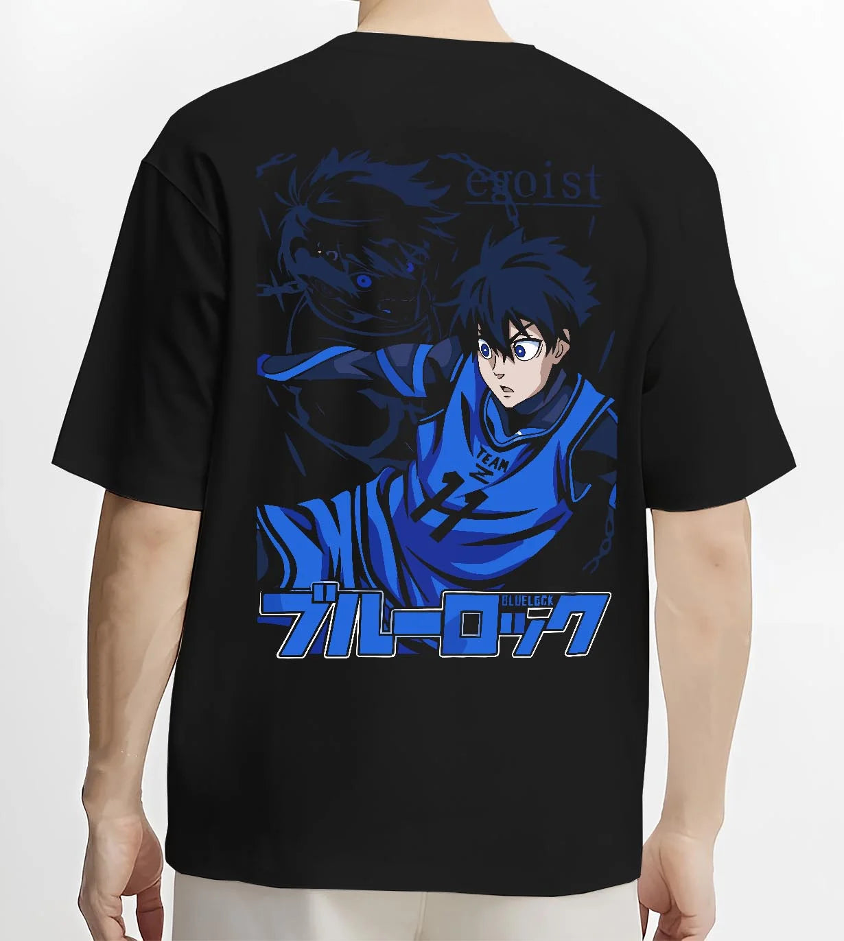 Black T-shirt worn by male model, back view with Blue Lock Hoodie Isagi Yoichi Power Shot Jumper graphic bold anime graphic.