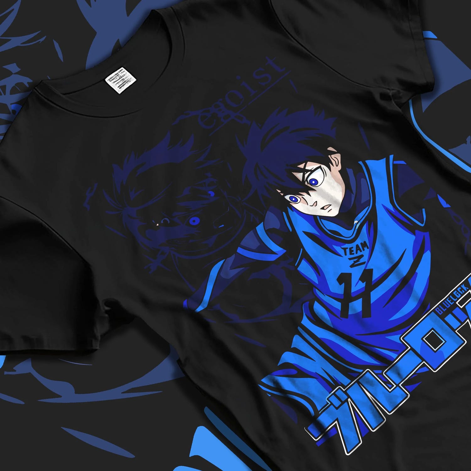 Black T-shirt laid flat with natural folds with Blue Lock Hoodie Isagi Yoichi Power Shot Jumper graphic bold anime graphic.