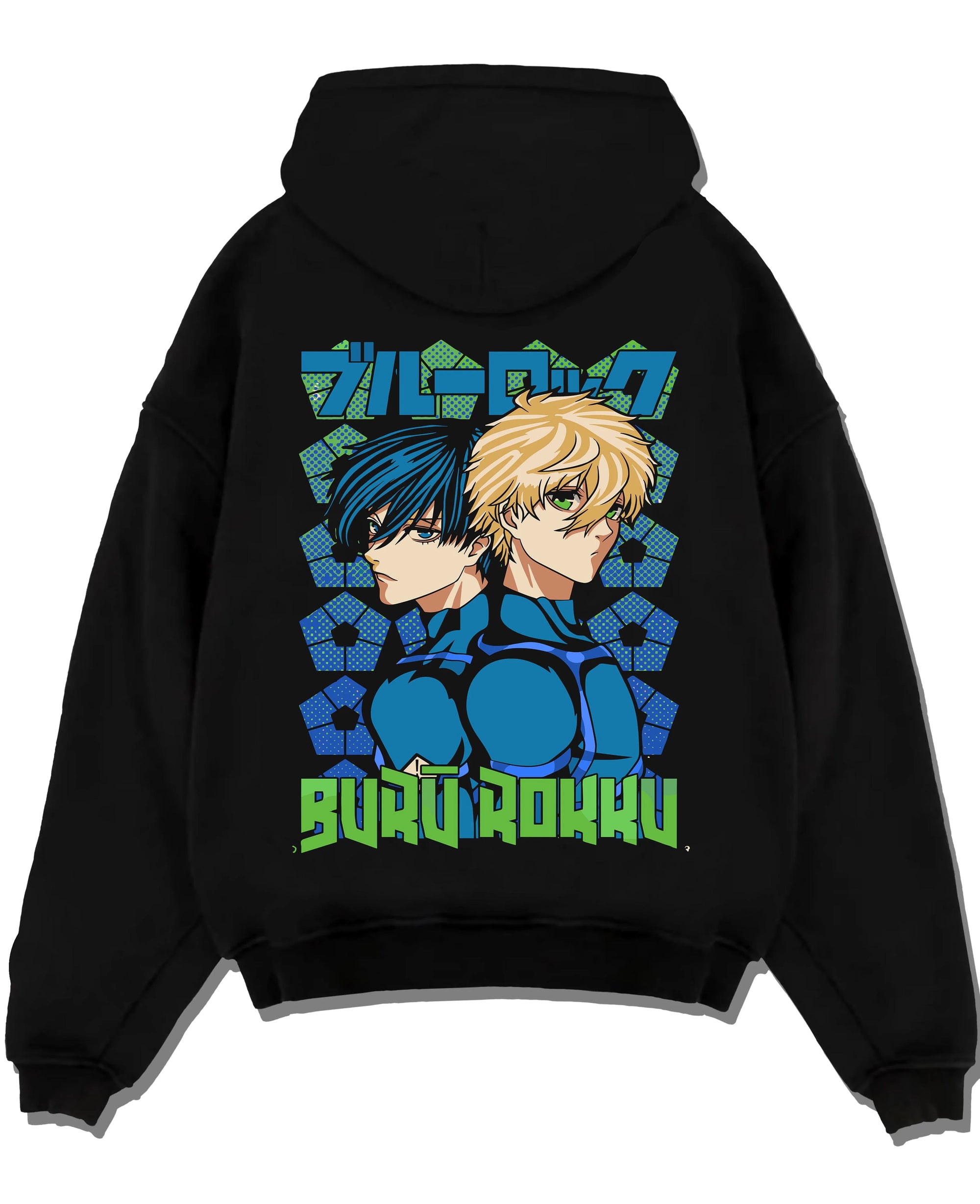 Black pullover hoodie laid flat with Blue Lock Hoodie Isagi Bachira Duo Striker Forward graphic premium wear.