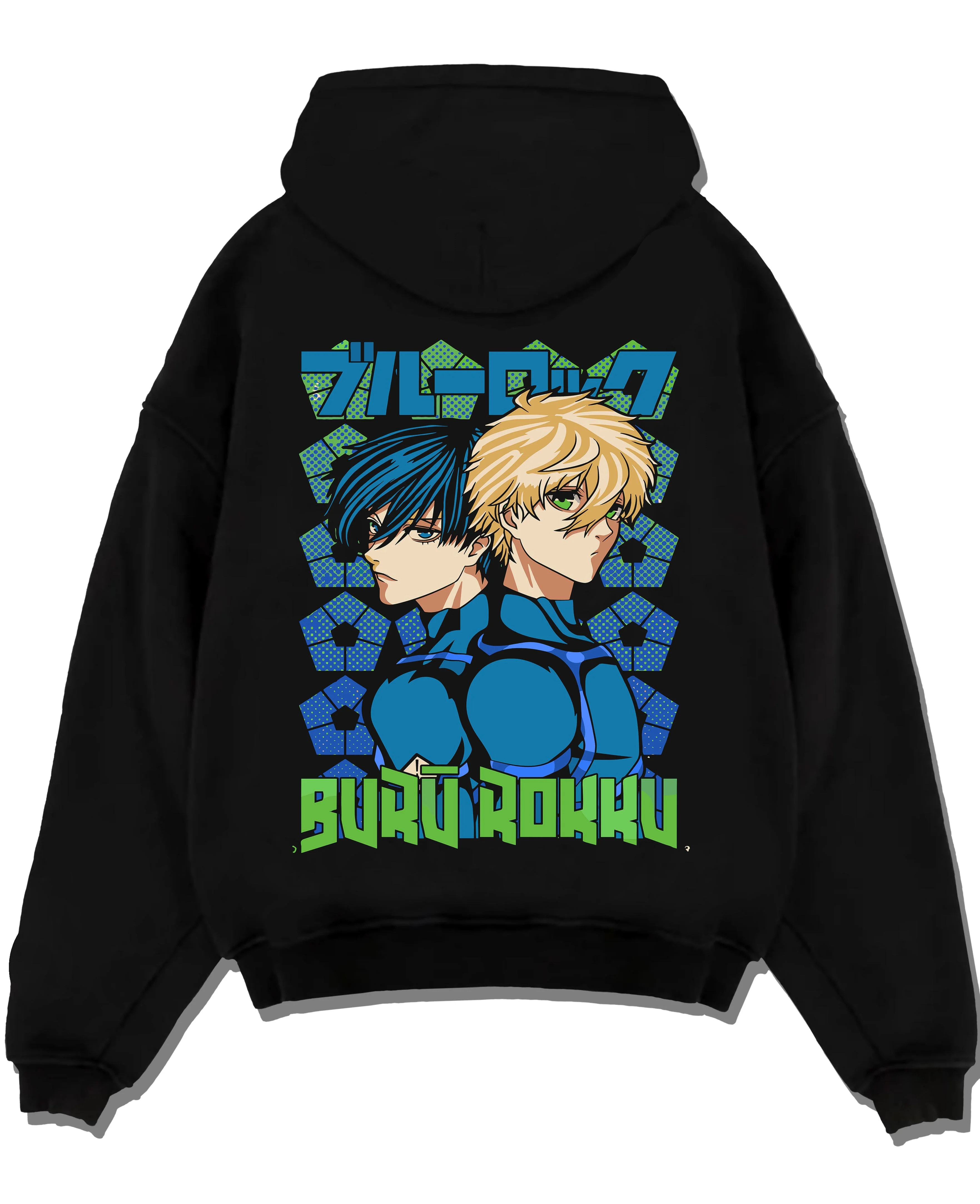 Black pullover hoodie laid flat with Blue Lock Hoodie Isagi Bachira Duo Striker Forward graphic premium wear.