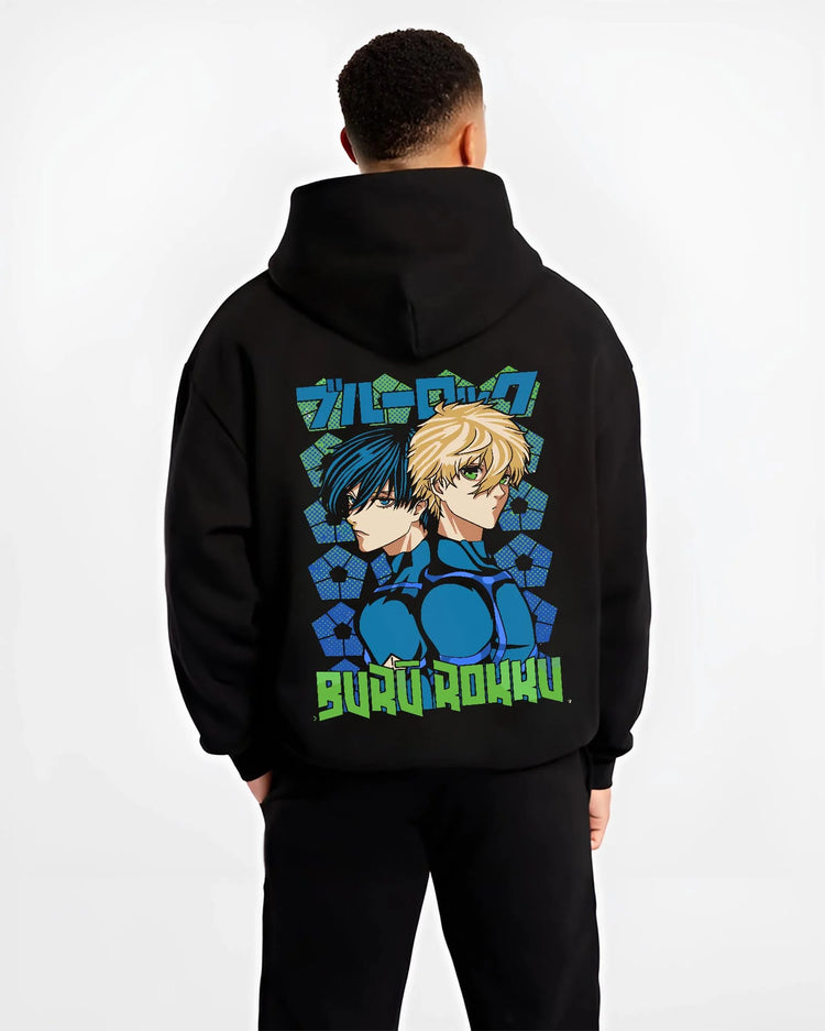 Black hoodie worn by male model, back view with Blue Lock Hoodie Isagi Bachira Duo Striker Forward graphic bold anime graphic.