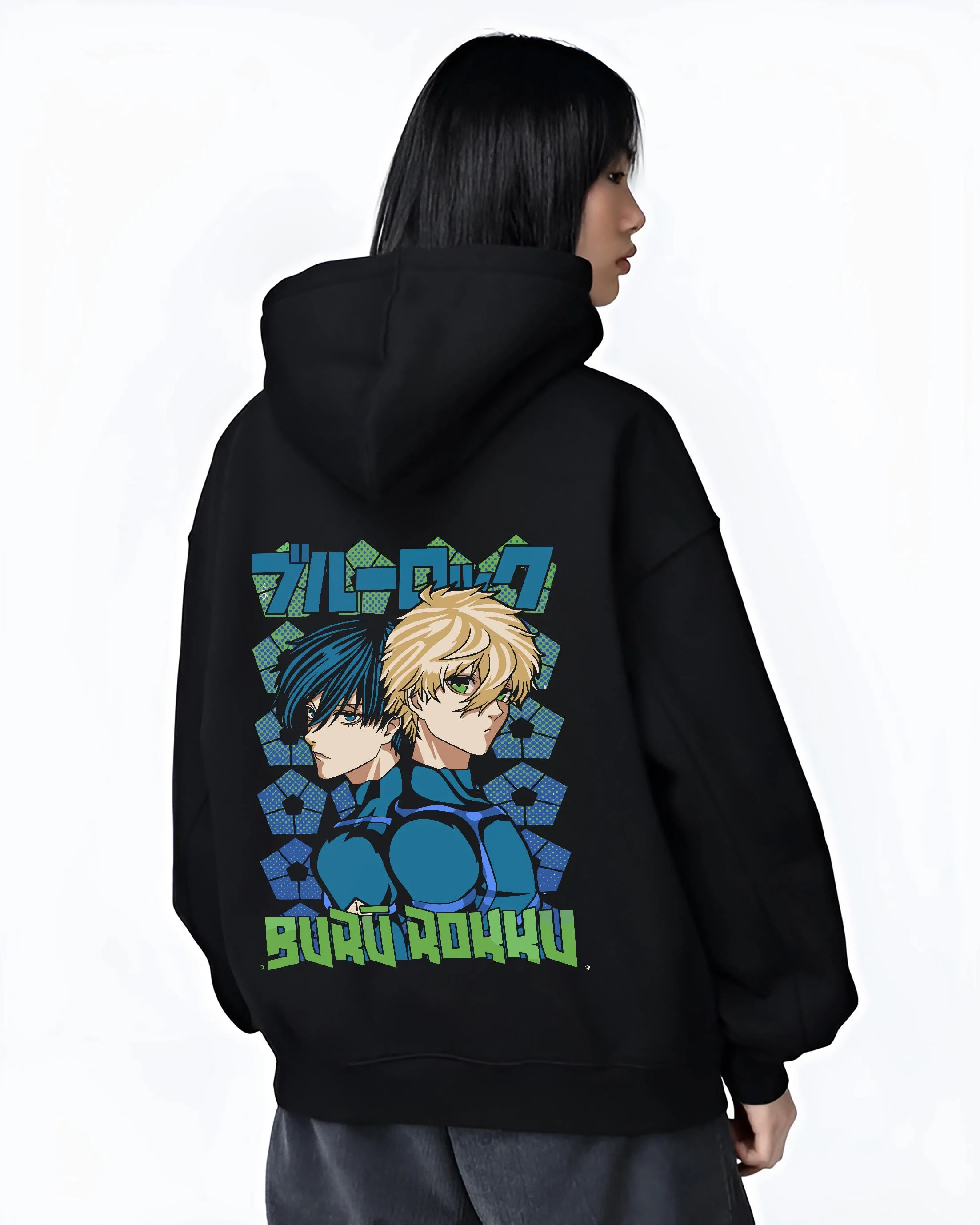 Black hoodie worn by female model, back view with Blue Lock Hoodie Isagi Bachira Duo Striker Forward graphic streetwear graphic.