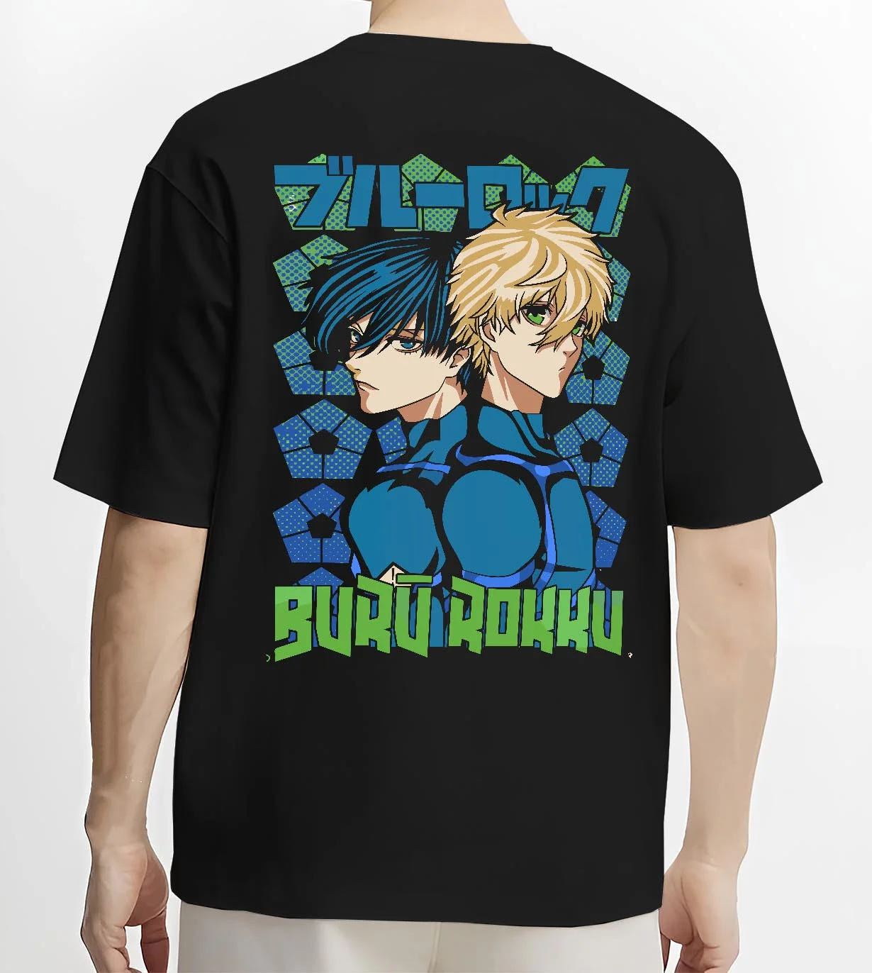 Black T-shirt worn by male model, back view with Blue Lock Hoodie Isagi Bachira Duo Striker Forward graphic streetwear graphic.