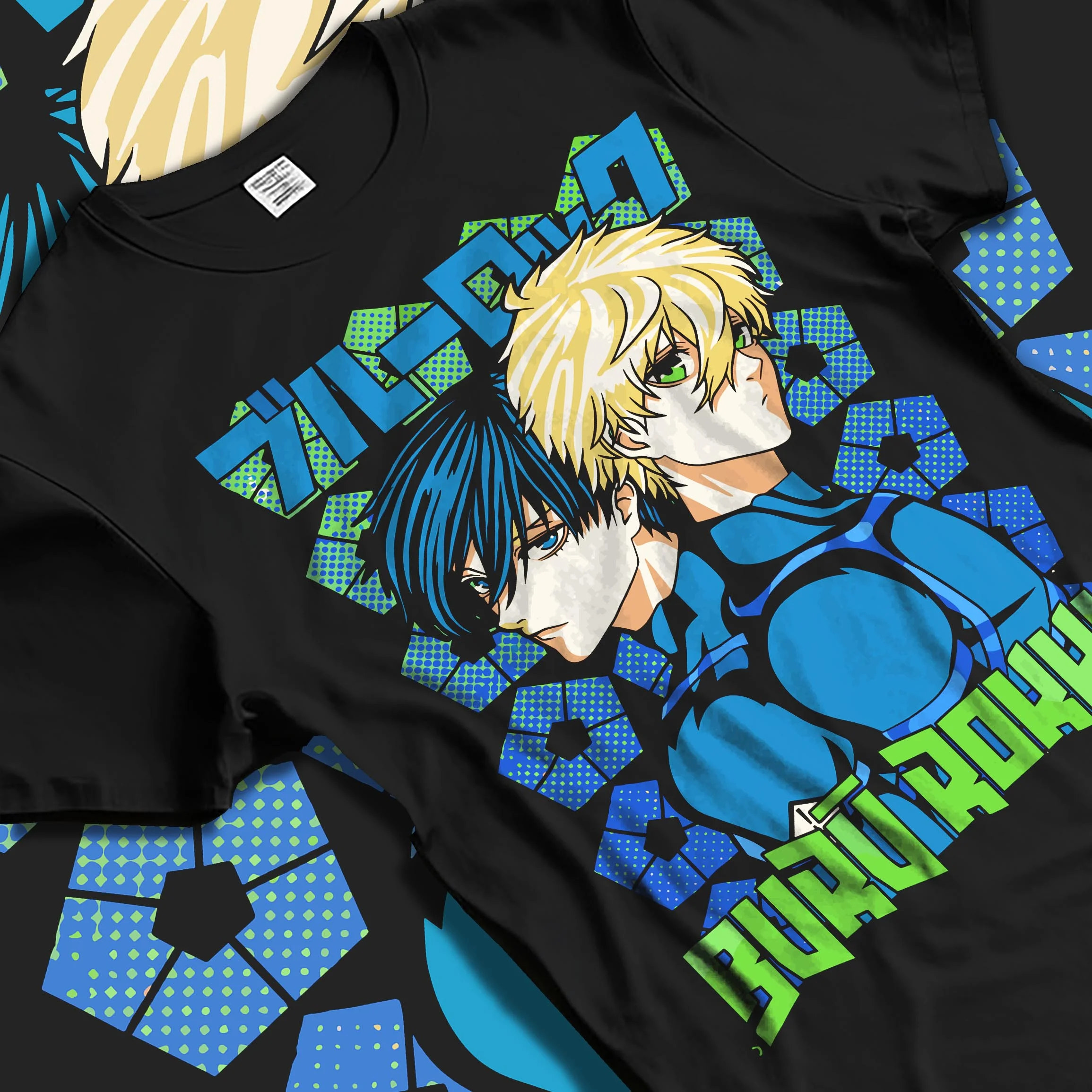 Black T-shirt laid flat with natural folds with Blue Lock Hoodie Isagi Bachira Duo Striker Forward graphic streetwear graphic.