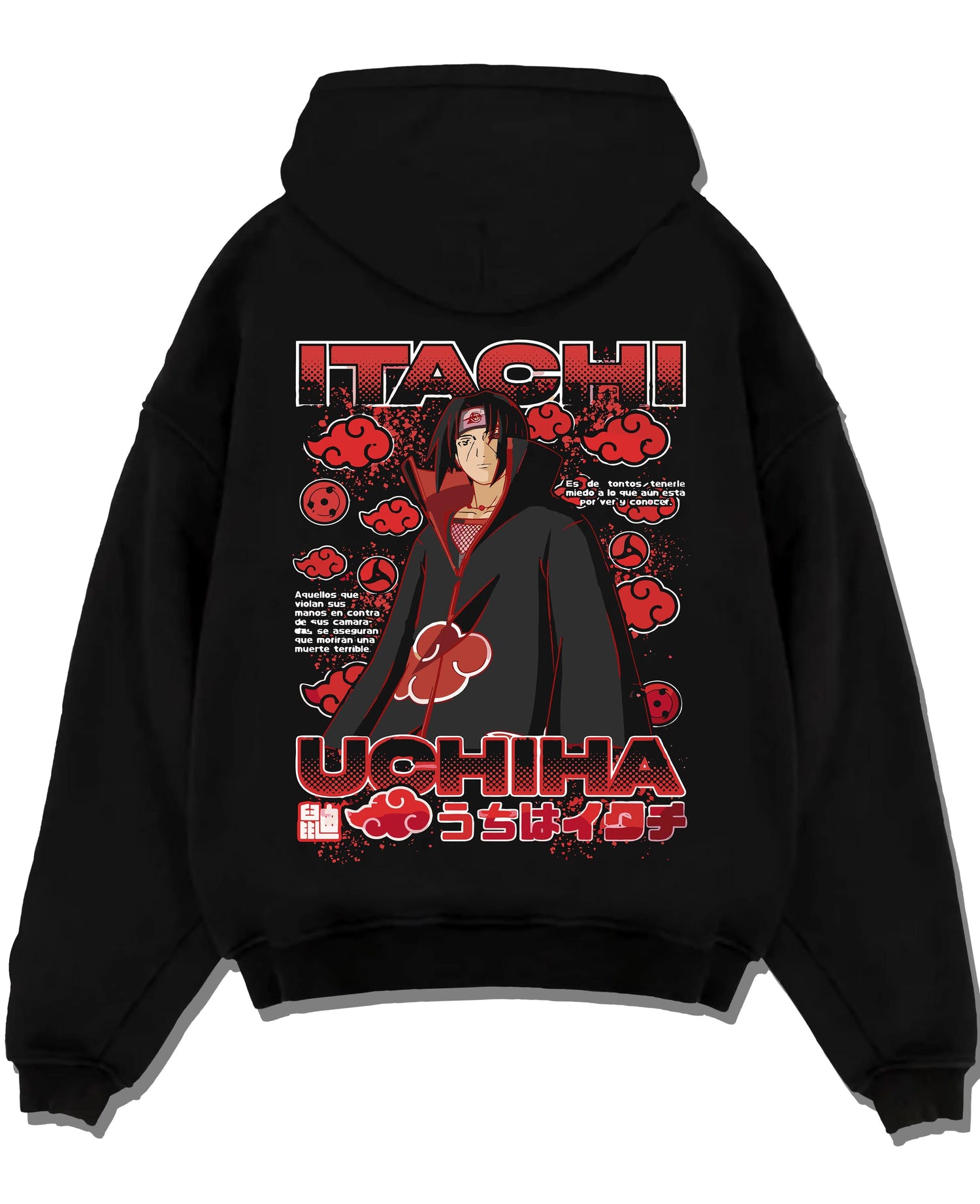 Black pullover hoodie laid flat with Naruto Hoodie Itachi Uchiha Akatsuki Clan Jumper graphic streetwear graphic.