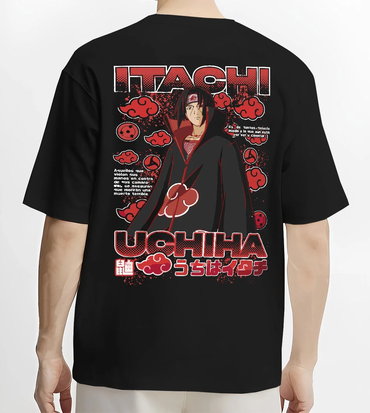 Black T-shirt worn by male model, back view with Naruto Hoodie Itachi Uchiha Akatsuki Clan Jumper graphic premium wear.