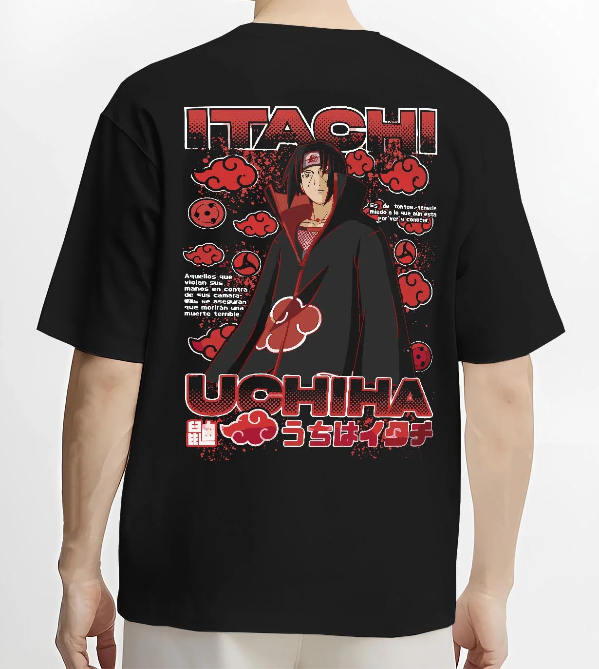 Black T-shirt worn by male model, back view with Naruto Hoodie Itachi Uchiha Akatsuki Clan Jumper graphic premium wear.