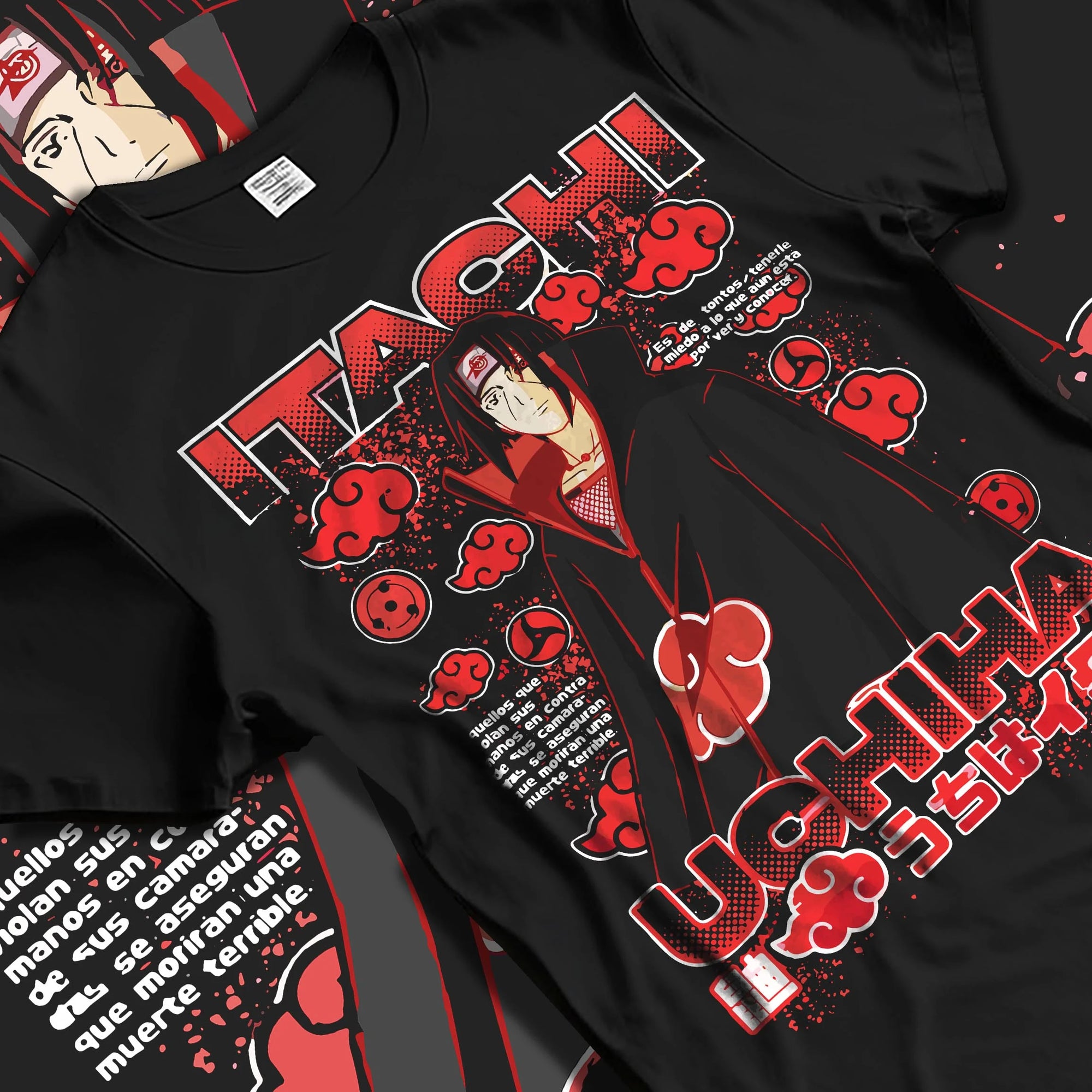 Black T-shirt laid flat with natural folds with Naruto Hoodie Itachi Uchiha Akatsuki Clan Jumper graphic bold anime graphic.
