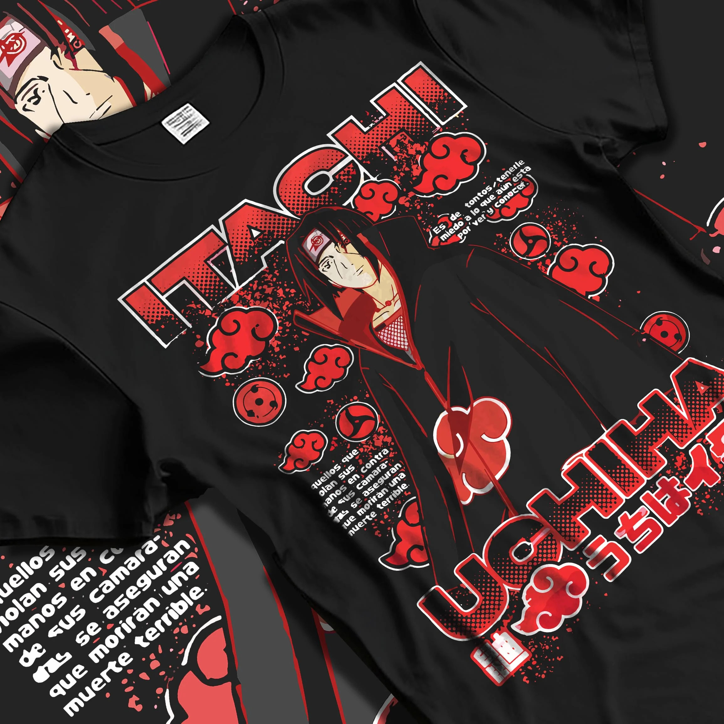 Black T-shirt laid flat with natural folds with Naruto Hoodie Itachi Uchiha Akatsuki Clan Jumper graphic bold anime graphic.