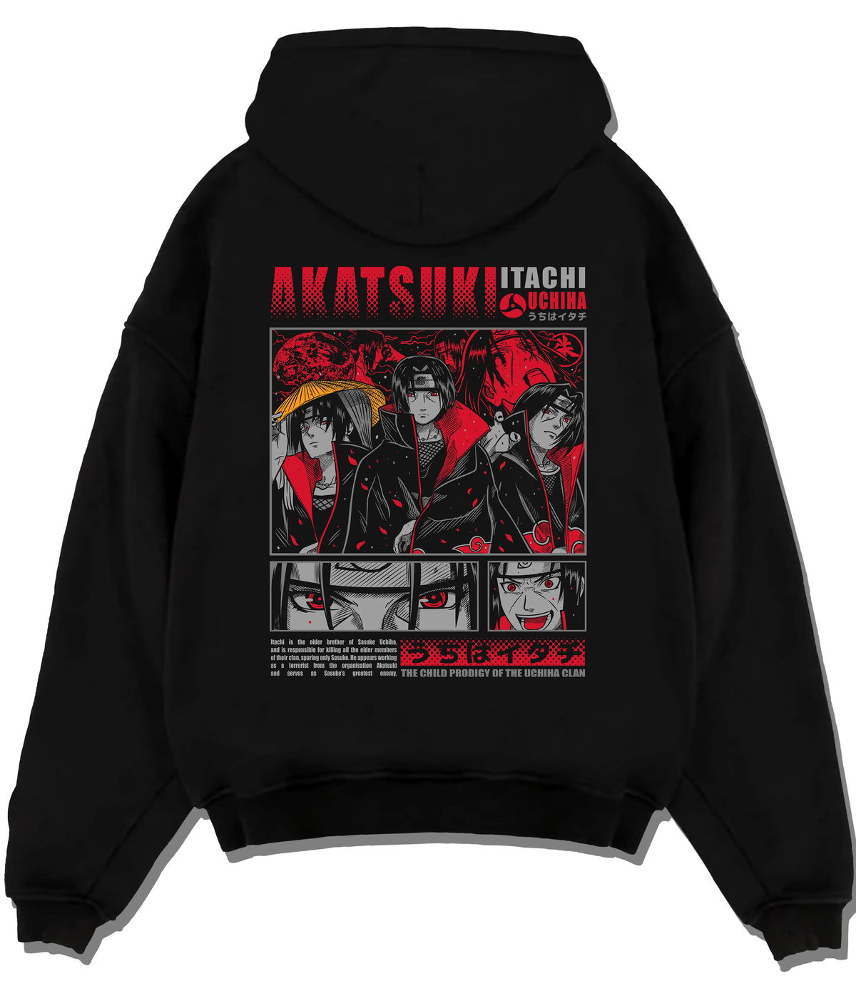 Black hoodie flat back view showing Itachi Uchiha from Naruto: Akatsuki red Naruto collage
