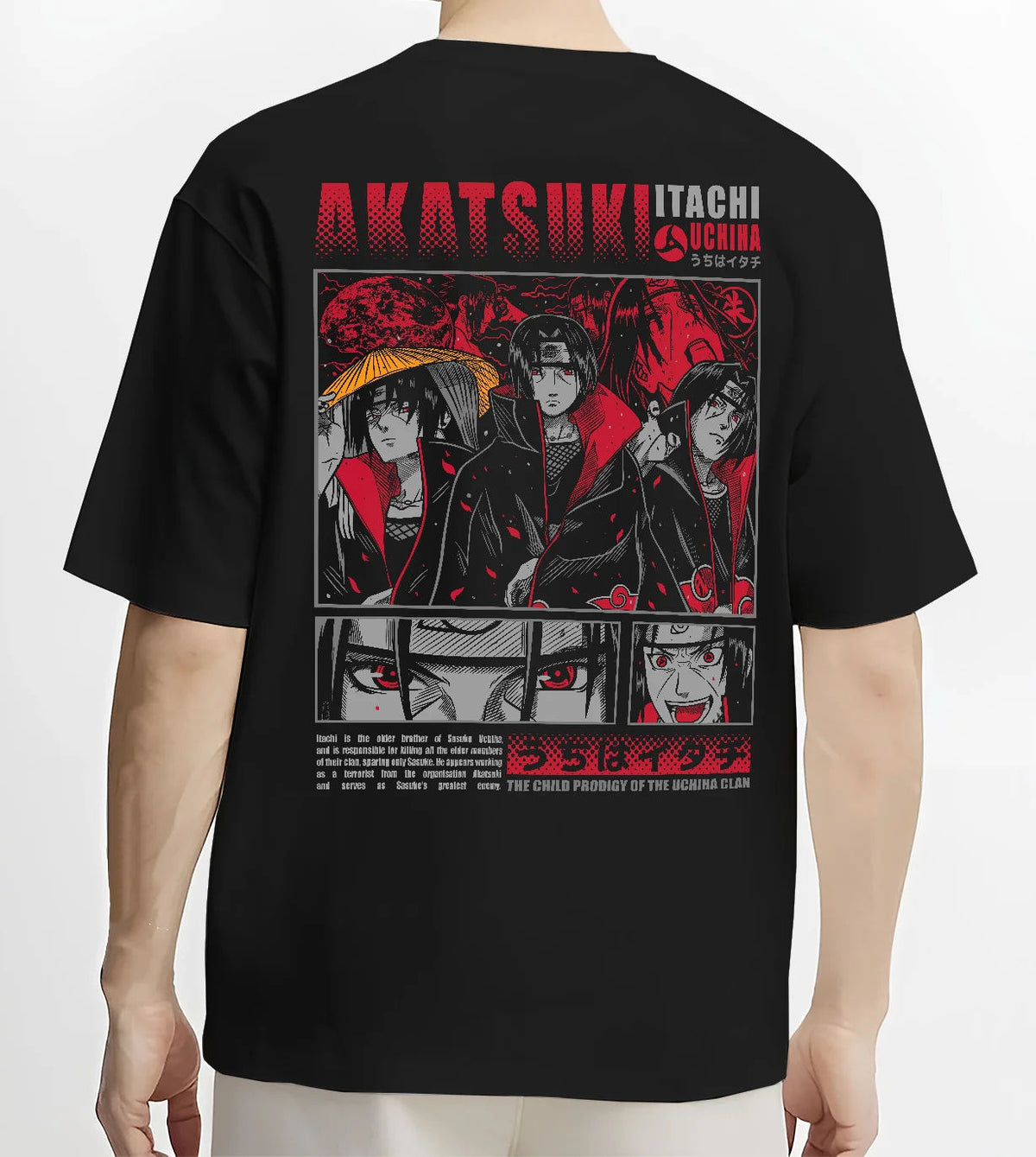Black T-shirt model back view showing Itachi Uchiha from Naruto: Akatsuki red Naruto collage
