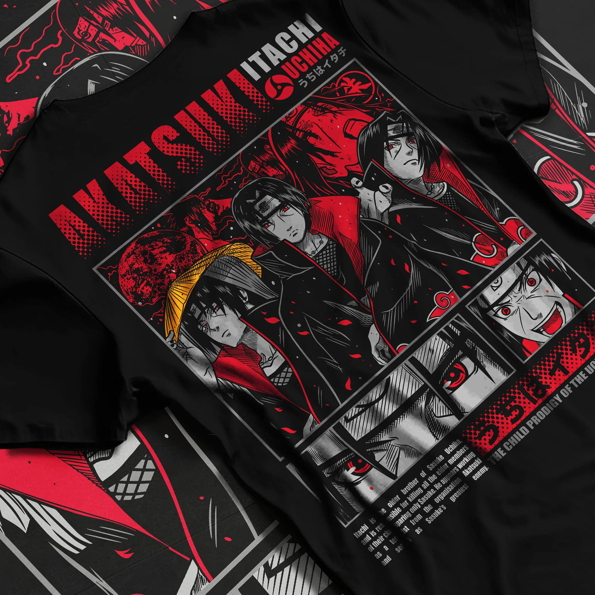 Black T-shirt flat back view showing Itachi Uchiha from Naruto: Akatsuki red Naruto collage