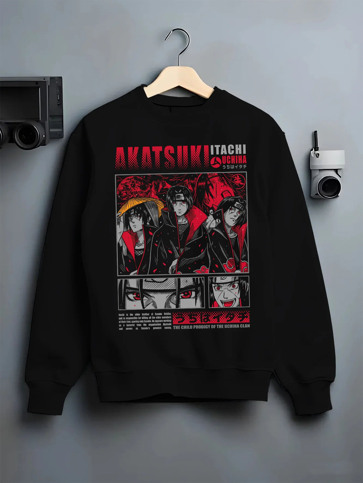Black crewneck sweatshirt on hanger showing Itachi Uchiha from Naruto: Akatsuki red Naruto collage