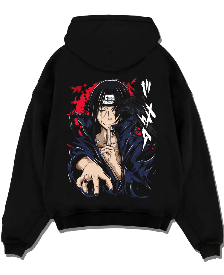 Black pullover hoodie laid flat with Naruto Hoodie Itachi Uchiha Crow Summon Clan Jumper graphic bold anime graphic.