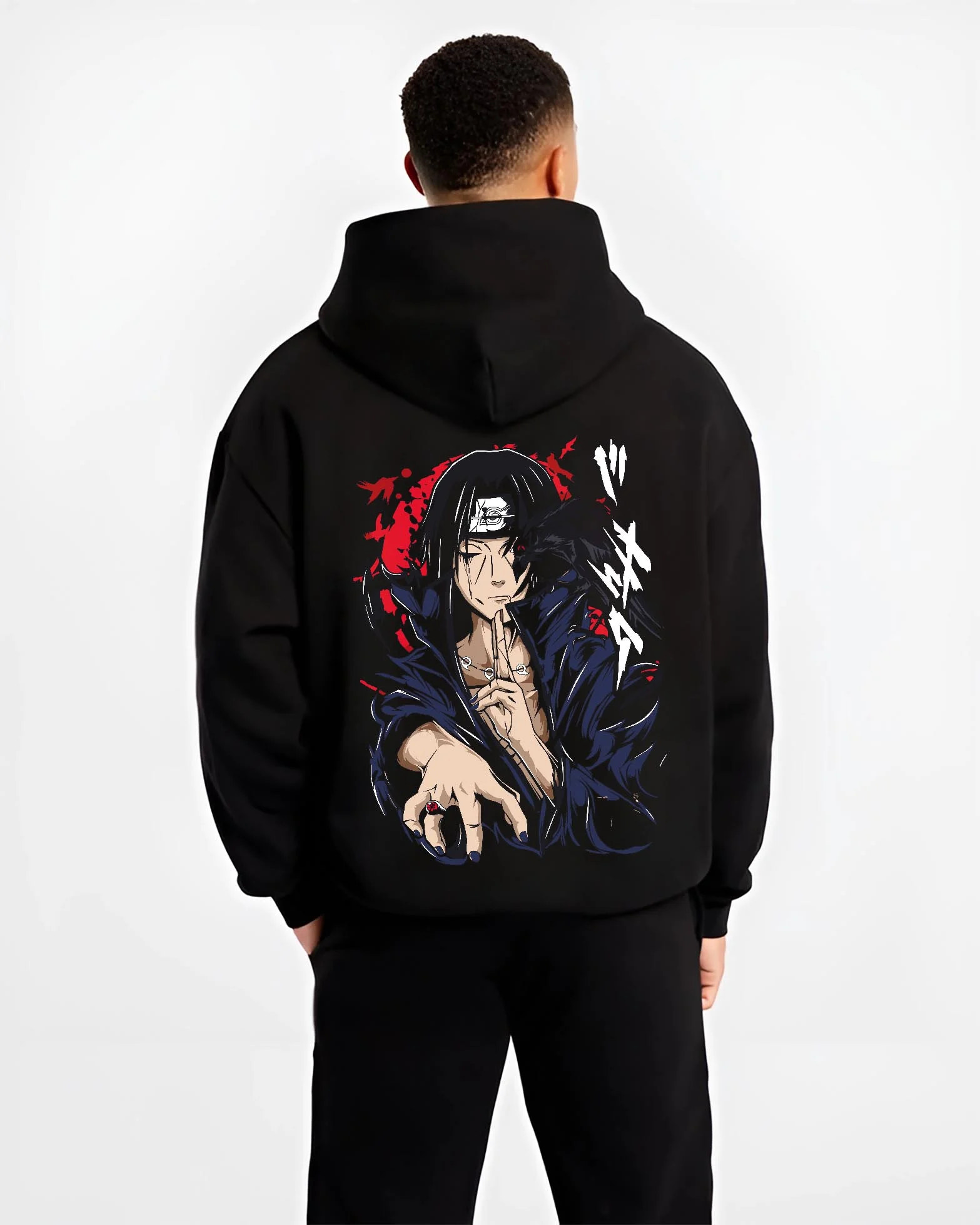 Black hoodie worn by male model, back view with Naruto Hoodie Itachi Uchiha Crow Summon Clan Jumper graphic premium wear.