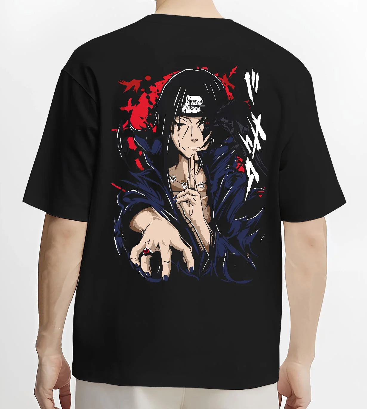 Black T-shirt worn by male model, back view with Naruto Hoodie Itachi Uchiha Crow Summon Clan Jumper graphic streetwear graphic.