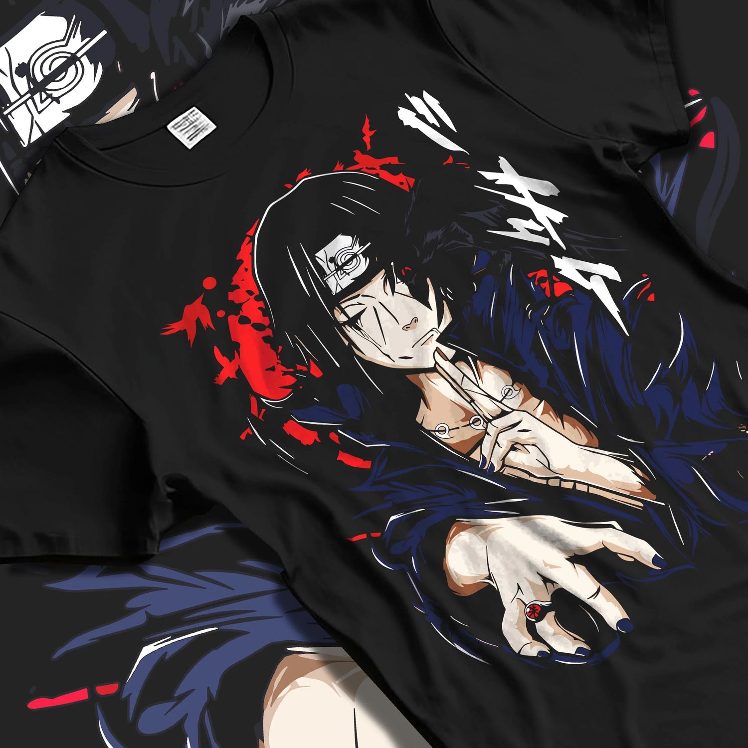 Black T-shirt laid flat with natural folds with Naruto Hoodie Itachi Uchiha Crow Summon Clan Jumper graphic bold anime graphic.