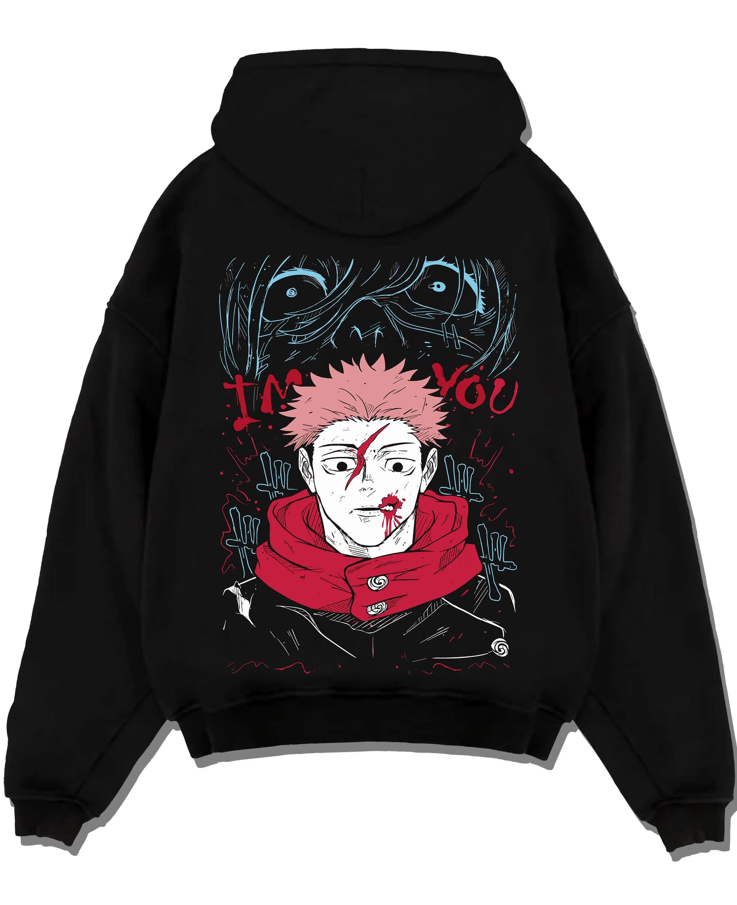 Black pullover hoodie laid flat with Jujutsu Kaisen Hoodie Yuji Itadori Cursed Mark Jumper graphic streetwear graphic.