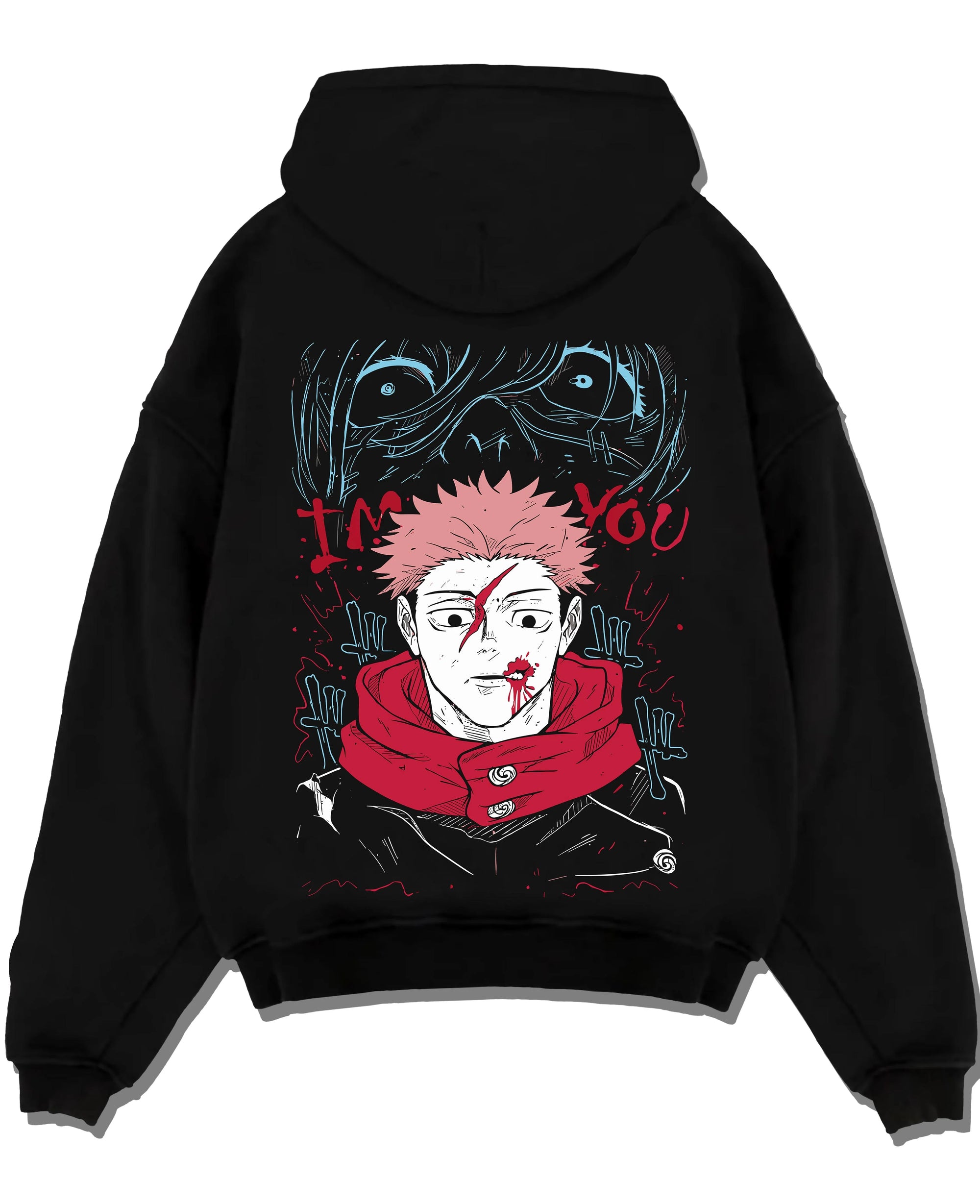Black pullover hoodie laid flat with Jujutsu Kaisen Hoodie Yuji Itadori Cursed Mark Jumper graphic streetwear graphic.