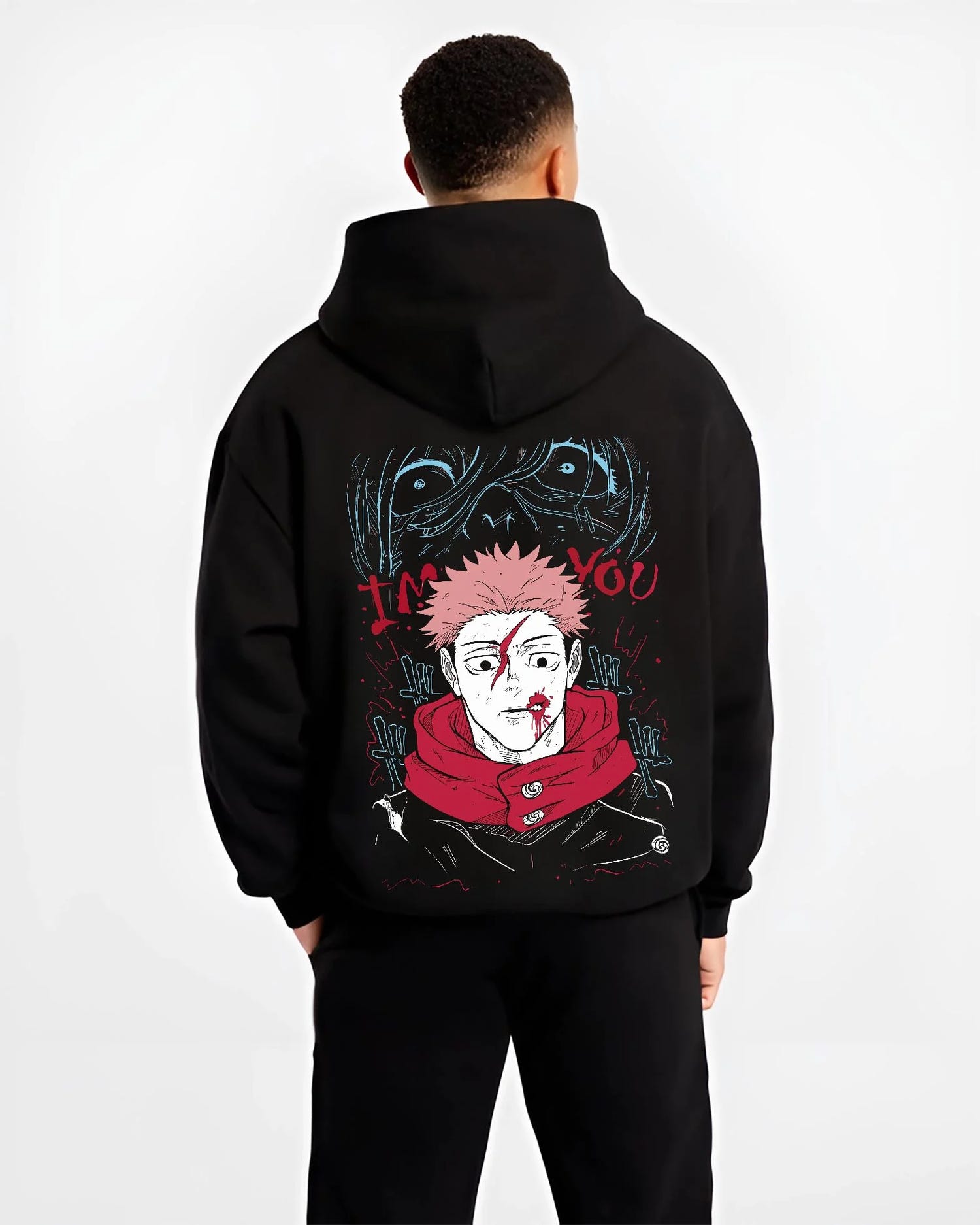 Black hoodie worn by male model, back view with Jujutsu Kaisen Hoodie Yuji Itadori Cursed Mark Jumper graphic premium wear.