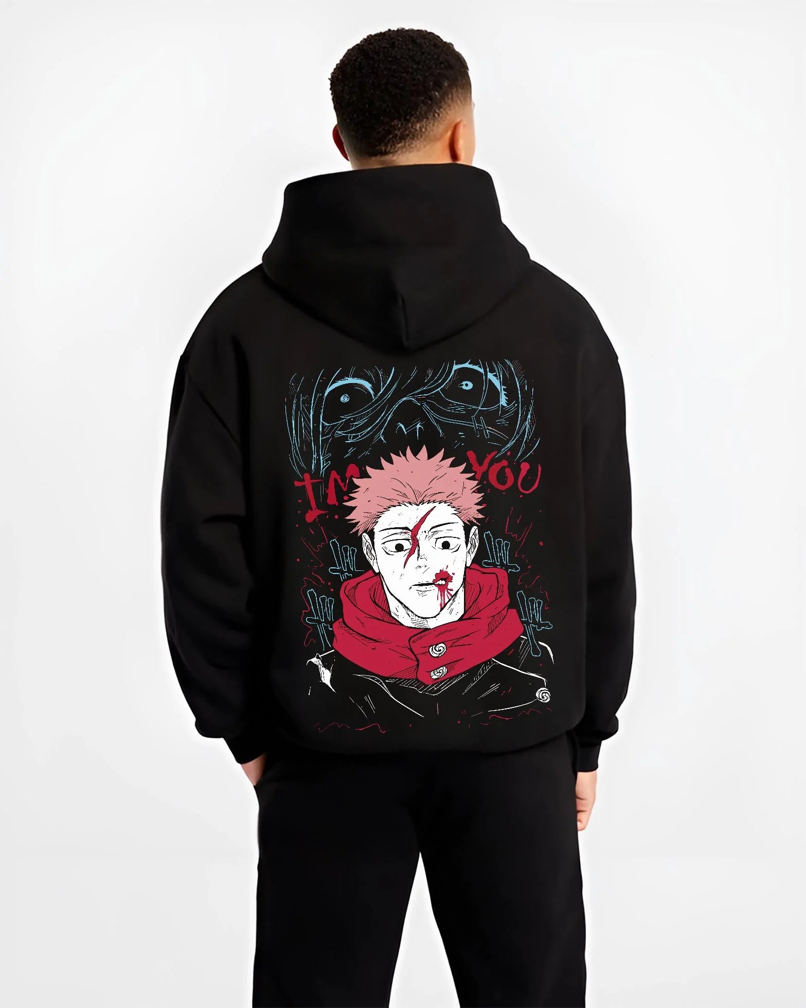 Black hoodie worn by male model, back view with Jujutsu Kaisen Hoodie Yuji Itadori Cursed Mark Jumper graphic premium wear.