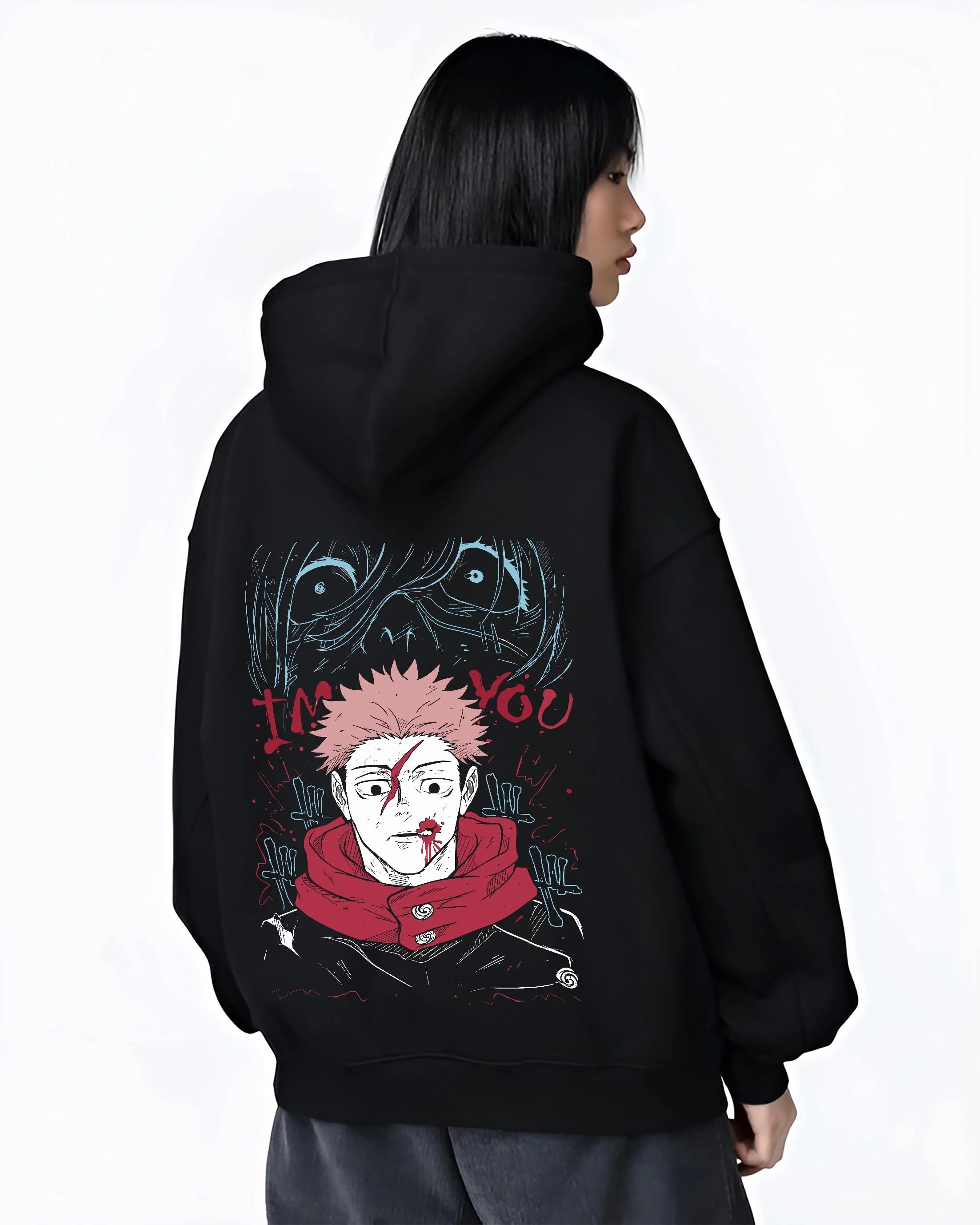 Black hoodie worn by female model, back view with Jujutsu Kaisen Hoodie Yuji Itadori Cursed Mark Jumper graphic premium wear.