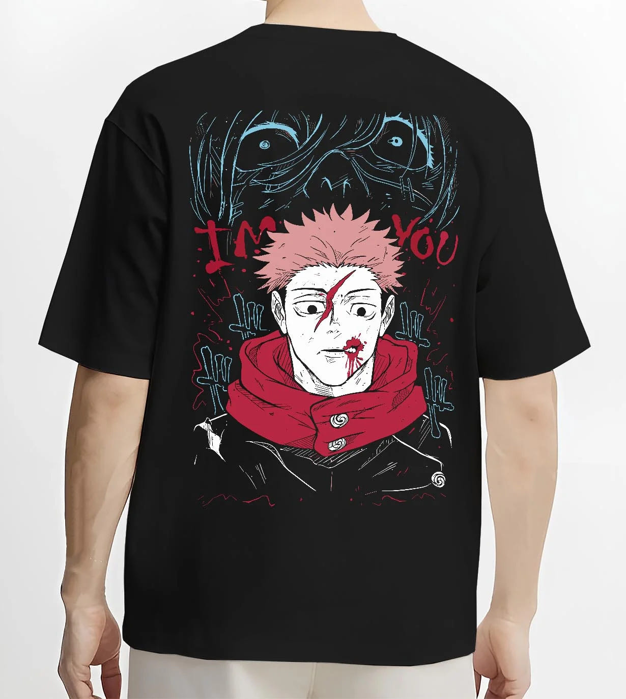 Black T-shirt worn by male model, back view with Jujutsu Kaisen Hoodie Yuji Itadori Cursed Mark Jumper graphic premium wear.