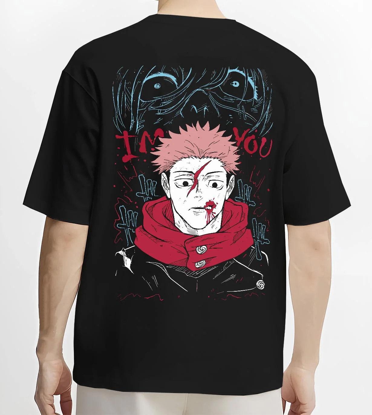 Black T-shirt worn by male model, back view with Jujutsu Kaisen Hoodie Yuji Itadori Cursed Mark Jumper graphic premium wear.