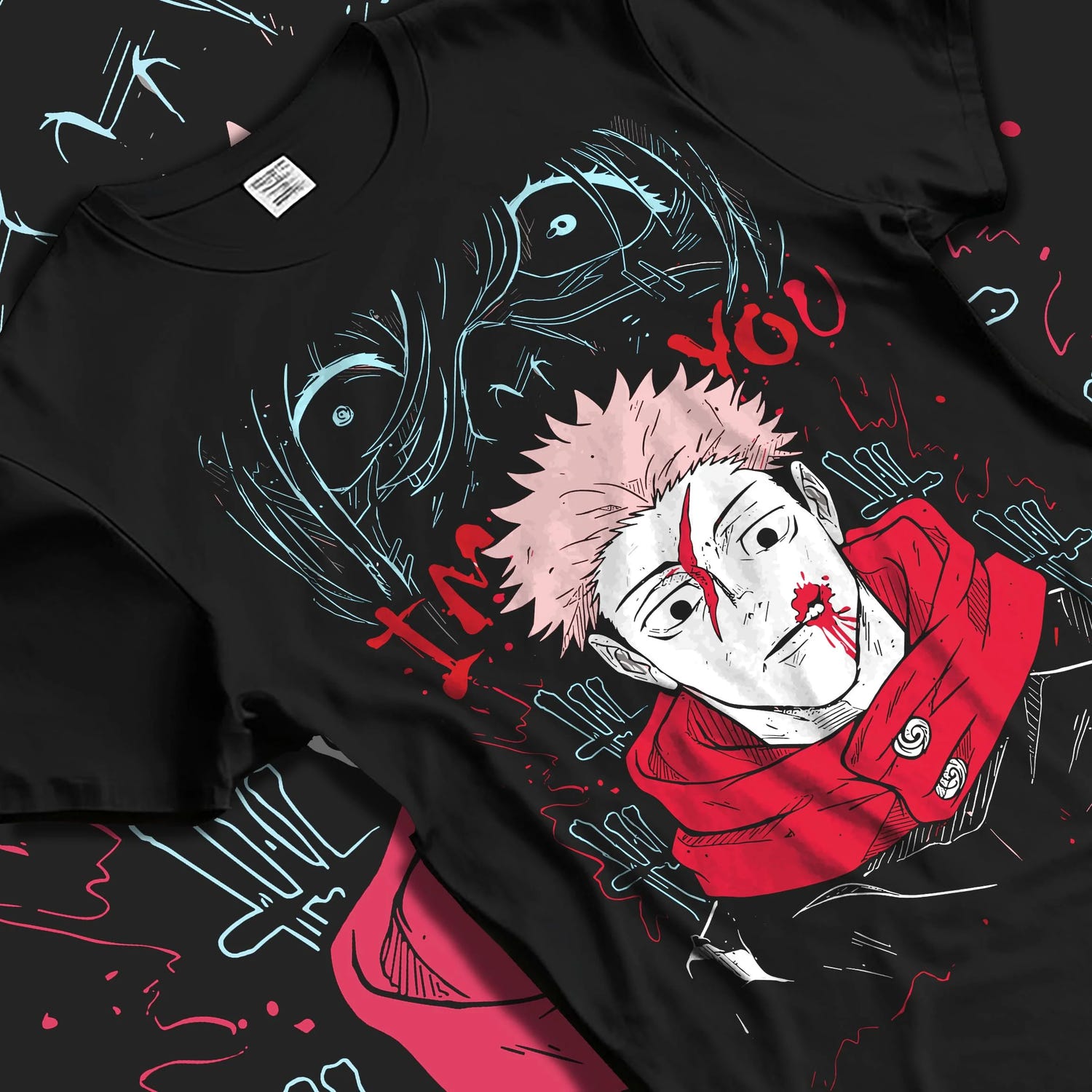Black T-shirt laid flat with natural folds with Jujutsu Kaisen Hoodie Yuji Itadori Cursed Mark Jumper graphic streetwear graphic.