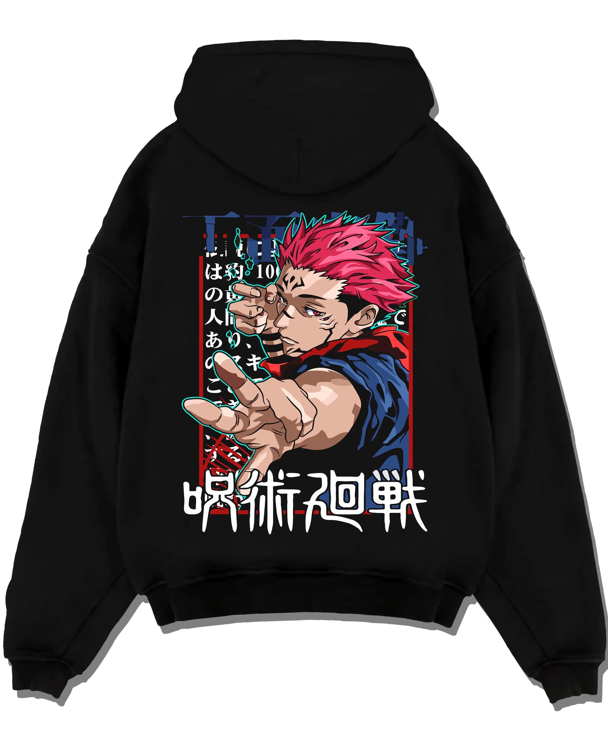 Black pullover hoodie laid flat with Jujutsu Kaisen Hoodie Yuji Itadori Power Surge Jumper graphic streetwear graphic.