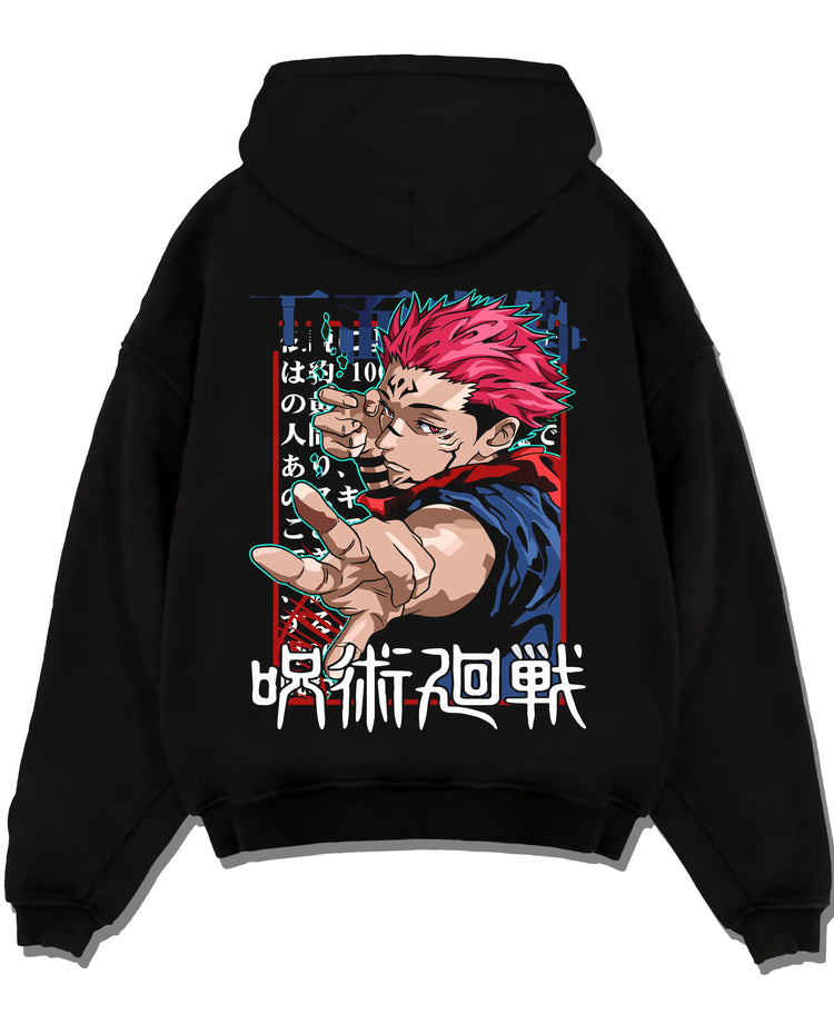 Black pullover hoodie laid flat with Jujutsu Kaisen Hoodie Yuji Itadori Power Surge Jumper graphic streetwear graphic.