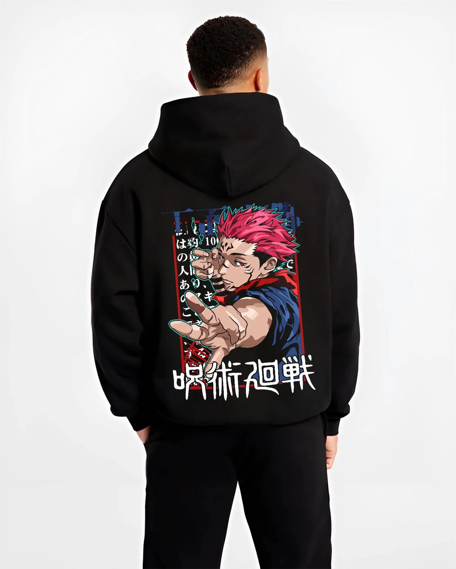 Black hoodie worn by male model, back view with Jujutsu Kaisen Hoodie Yuji Itadori Power Surge Jumper graphic bold anime graphic.