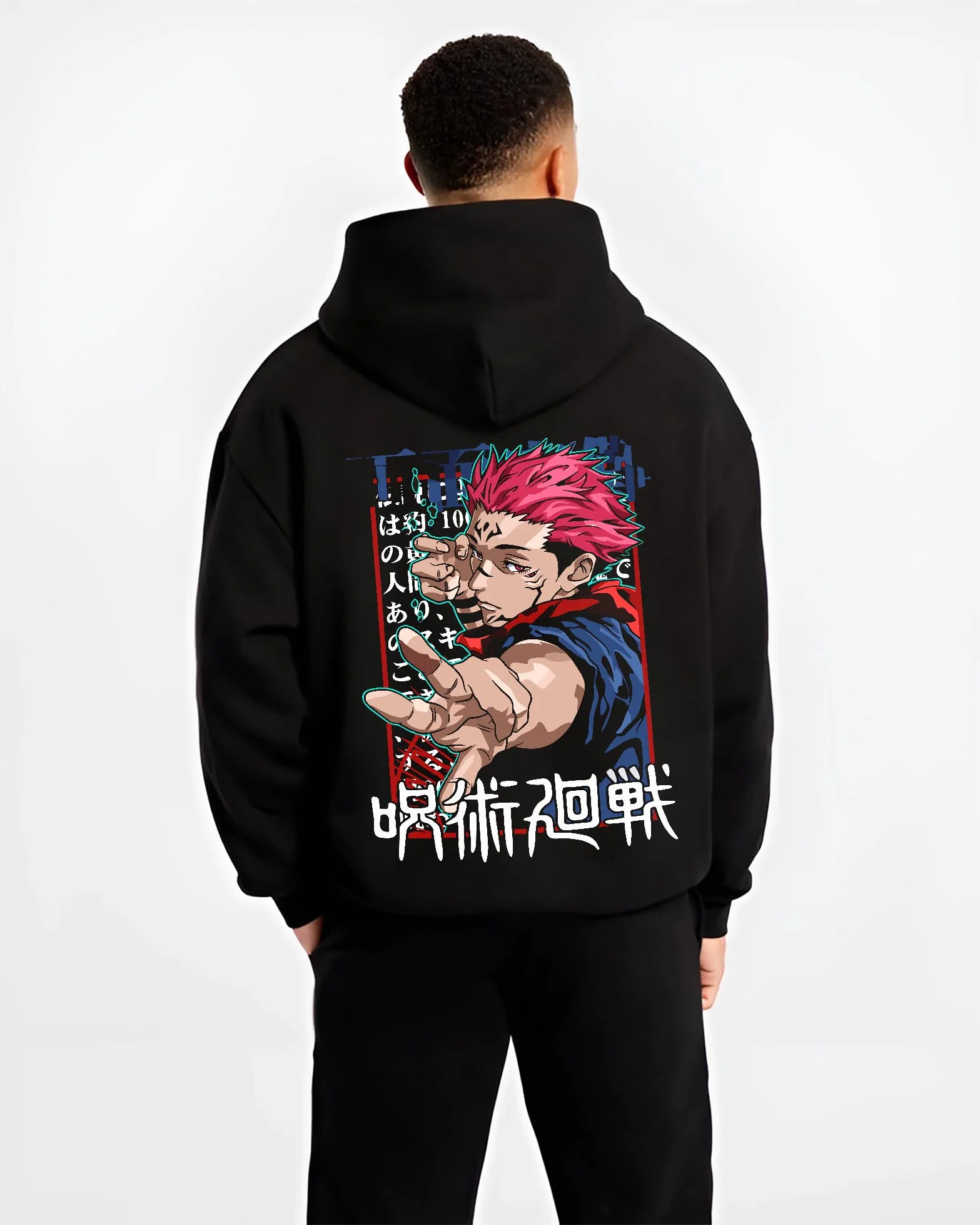 Black hoodie worn by male model, back view with Jujutsu Kaisen Hoodie Yuji Itadori Power Surge Jumper graphic bold anime graphic.