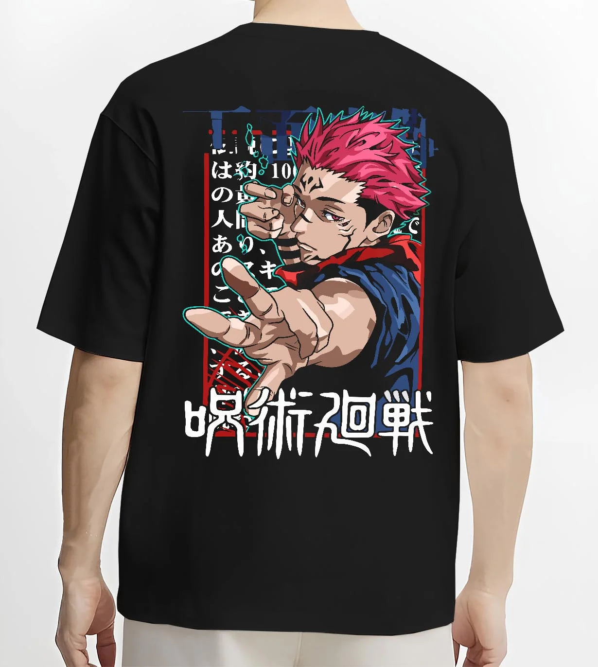Black T-shirt worn by male model, back view with Jujutsu Kaisen Hoodie Yuji Itadori Power Surge Jumper graphic premium wear.