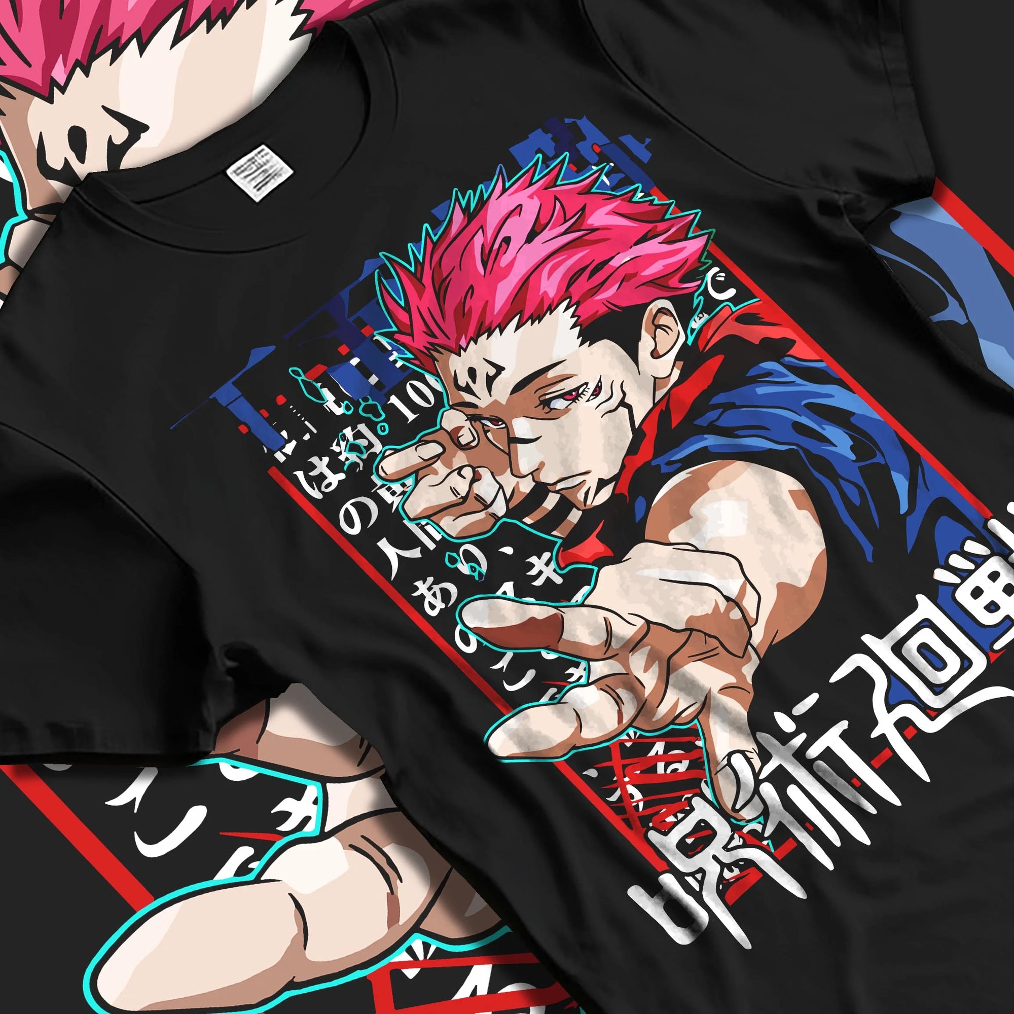 Black T-shirt laid flat with natural folds with Jujutsu Kaisen Hoodie Yuji Itadori Power Surge Jumper graphic bold anime graphic.