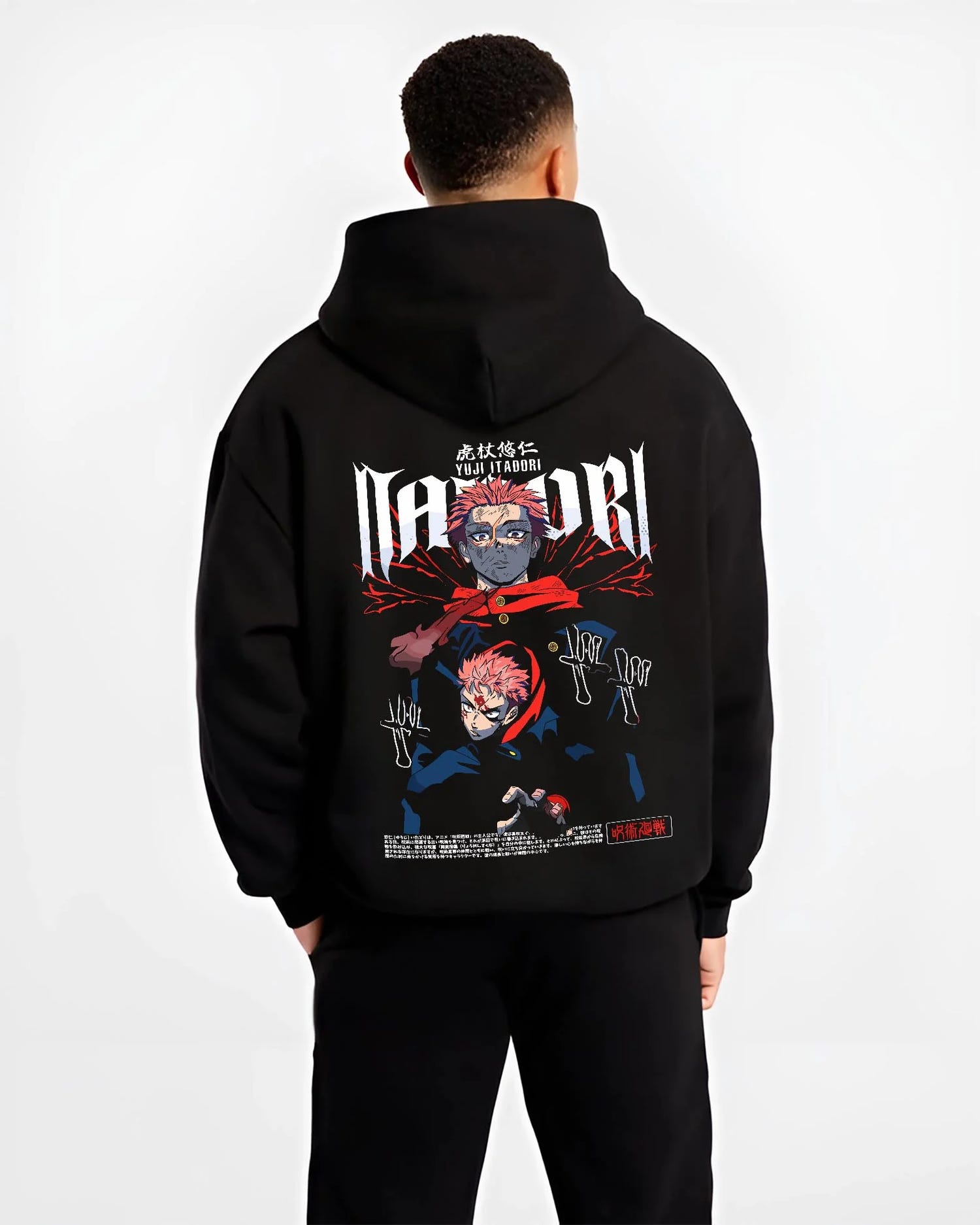Black hoodie worn by male model, back view with Jujutsu Kaisen Hoodie Yuji Itadori Split Form Jumper graphic premium wear.