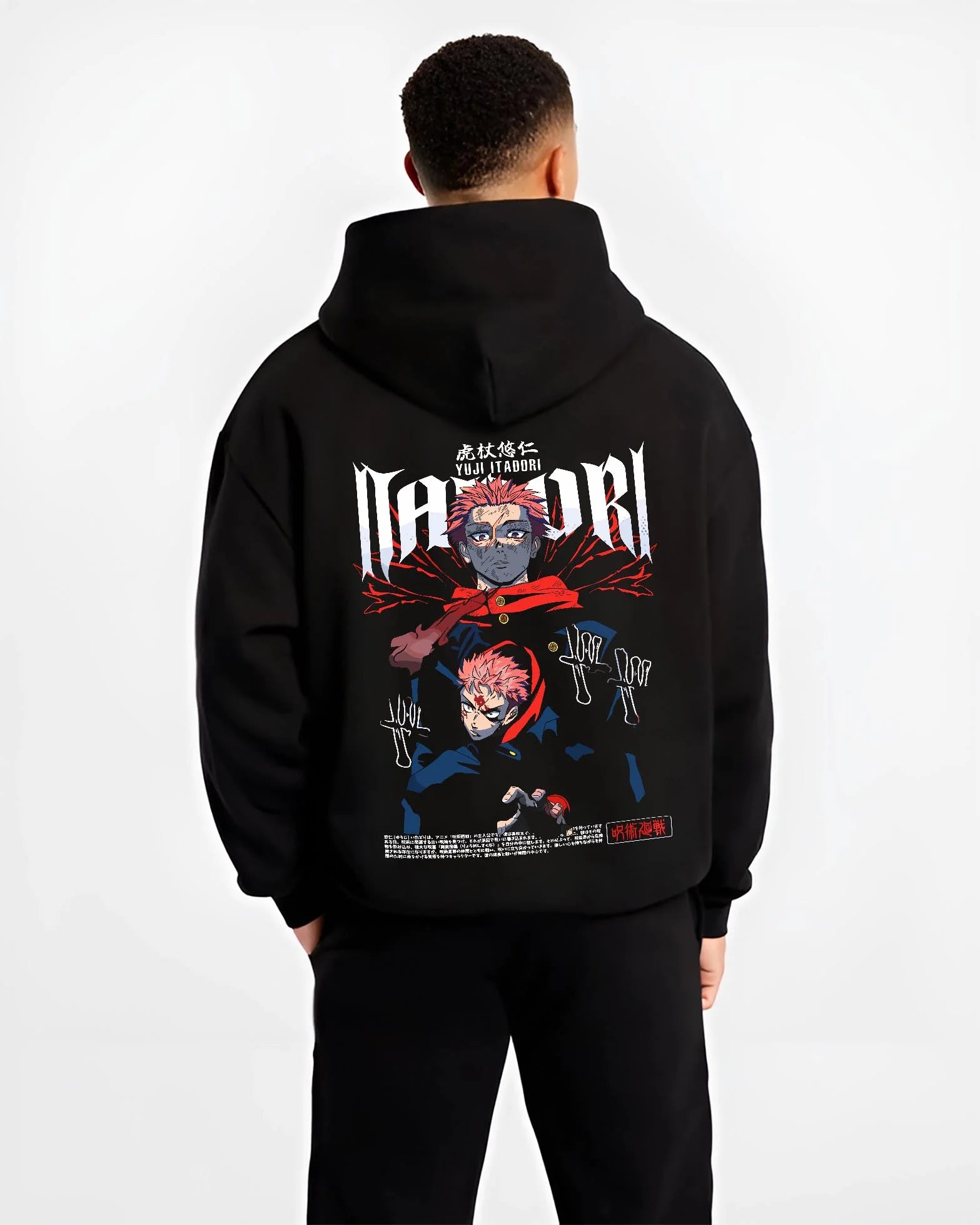 Black hoodie worn by male model, back view with Jujutsu Kaisen Hoodie Yuji Itadori Split Form Jumper graphic premium wear.