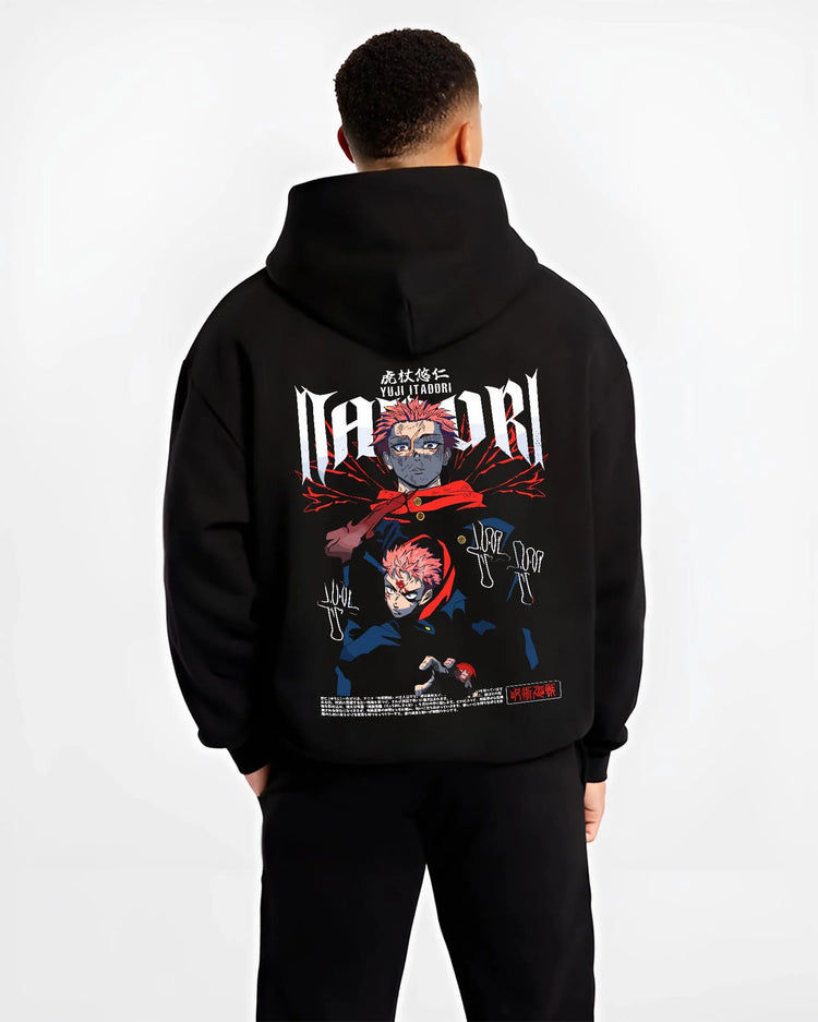 Black hoodie worn by male model, back view with Jujutsu Kaisen Hoodie Yuji Itadori Split Form Jumper graphic premium wear.