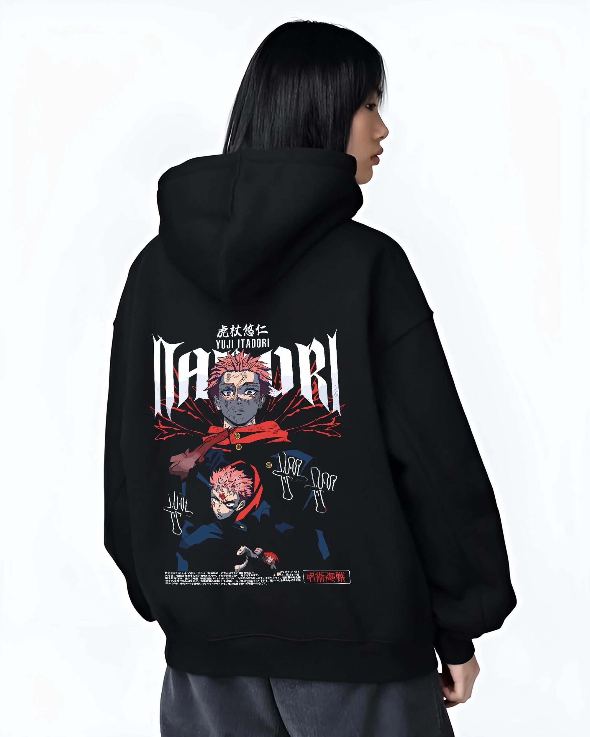 Black hoodie worn by female model, back view with Jujutsu Kaisen Hoodie Yuji Itadori Split Form Jumper graphic streetwear graphic.