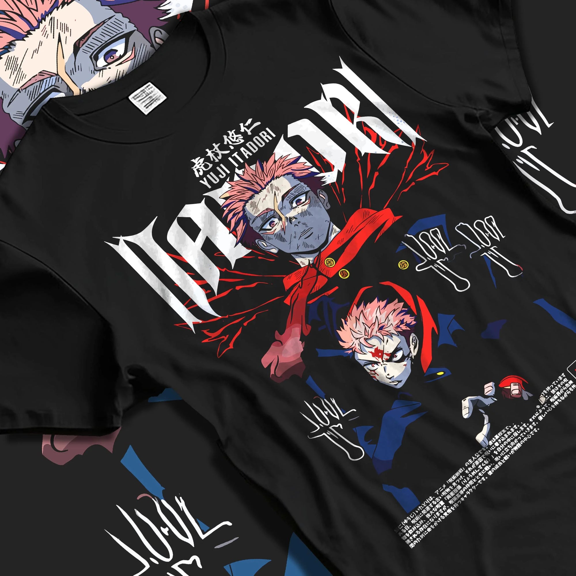 Black T-shirt laid flat with natural folds with Jujutsu Kaisen Hoodie Yuji Itadori Split Form Jumper graphic streetwear graphic.