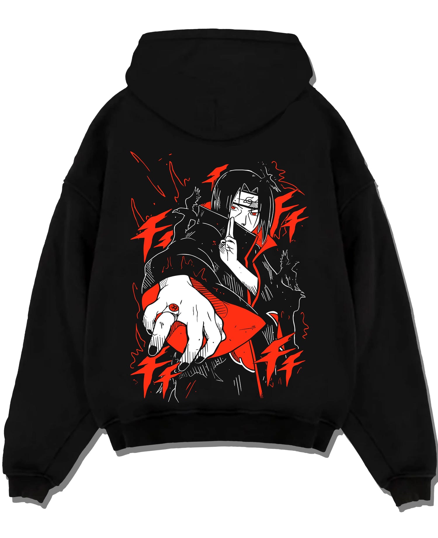 Black pullover hoodie laid flat with Naruto Hoodie Itachi Uchiha Finger Red Moon Jumper graphic premium wear.