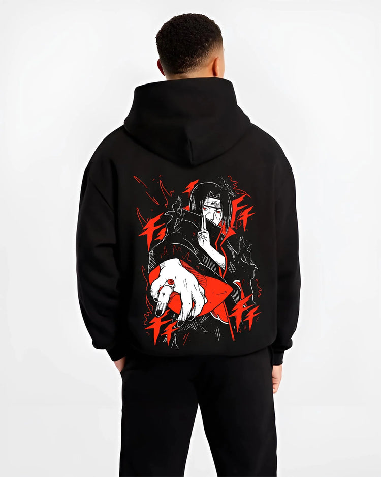 Black hoodie worn by male model, back view with Naruto Hoodie Itachi Uchiha Finger Red Moon Jumper graphic streetwear graphic.