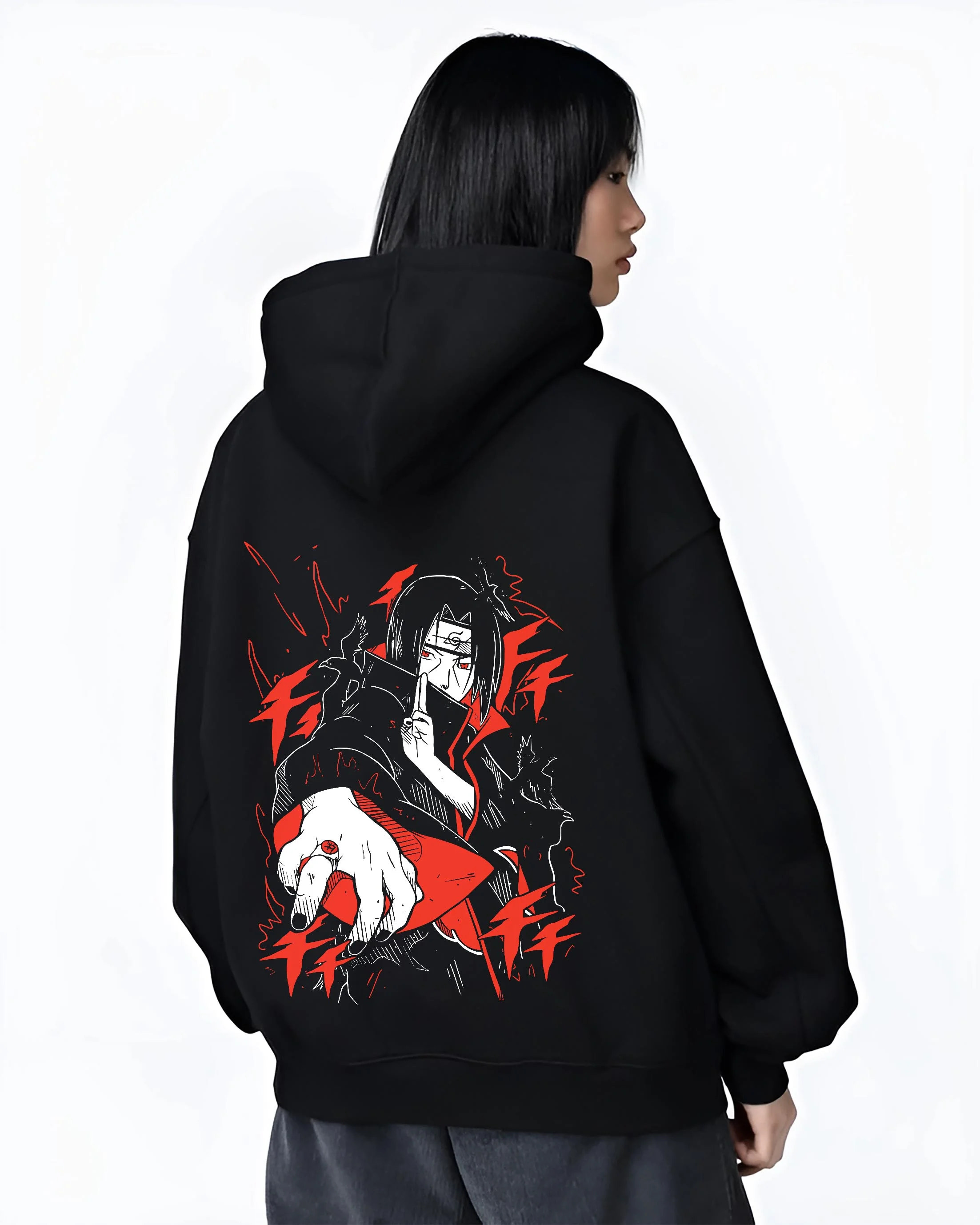 Black hoodie worn by female model, back view with Naruto Hoodie Itachi Uchiha Finger Red Moon Jumper graphic premium wear.